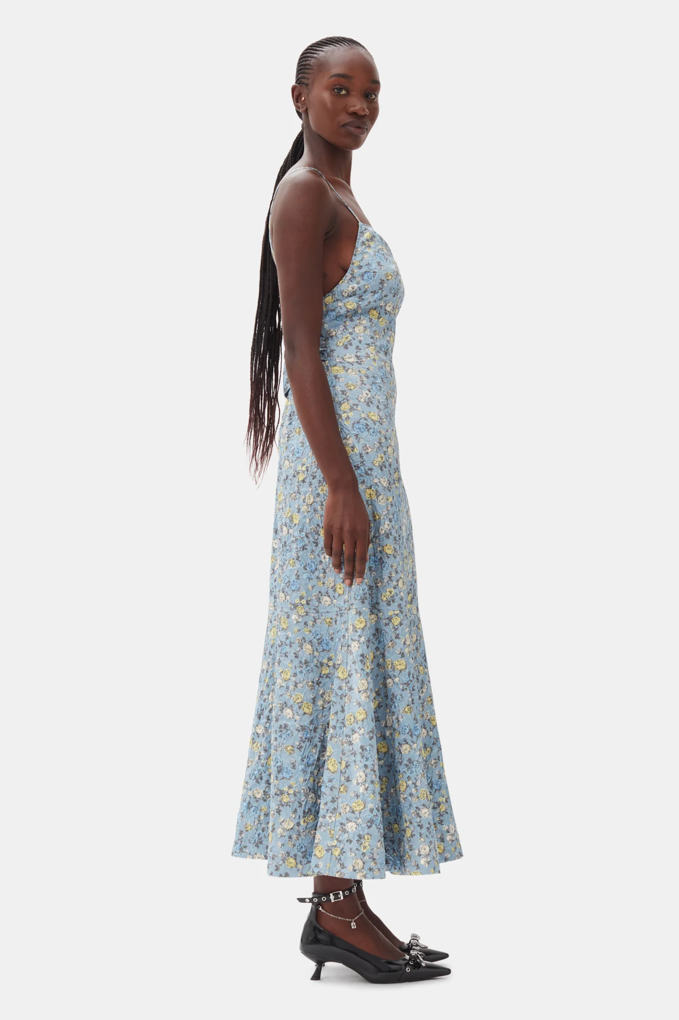 Floral Crinkled Satin Long Dress | Dusty Blue - Image 5