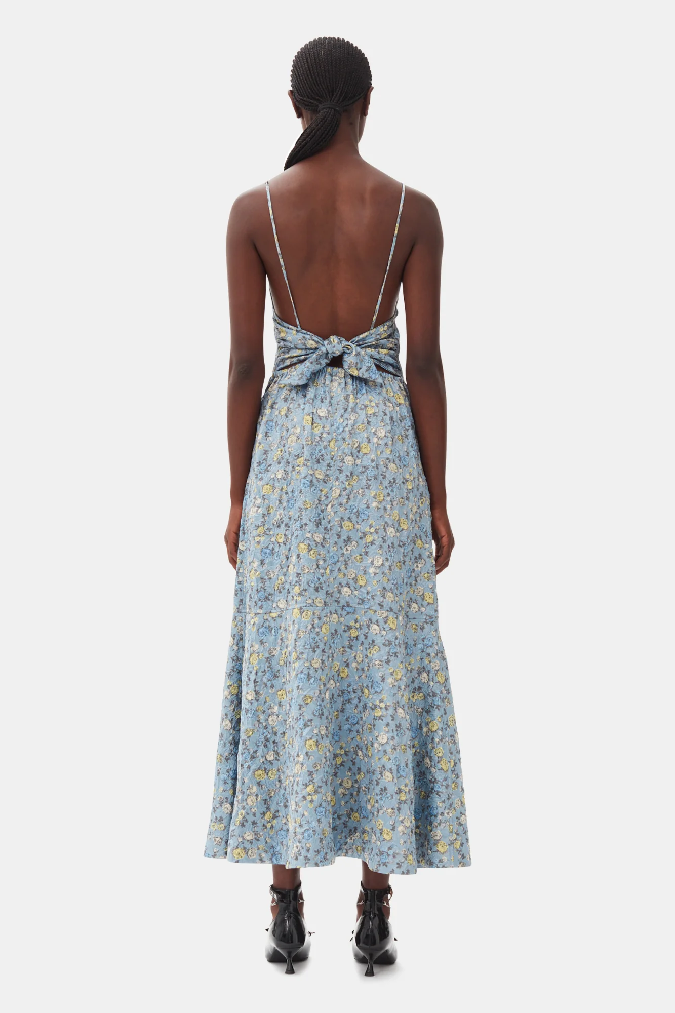 Floral Crinkled Satin Long Dress | Dusty Blue - Image 6