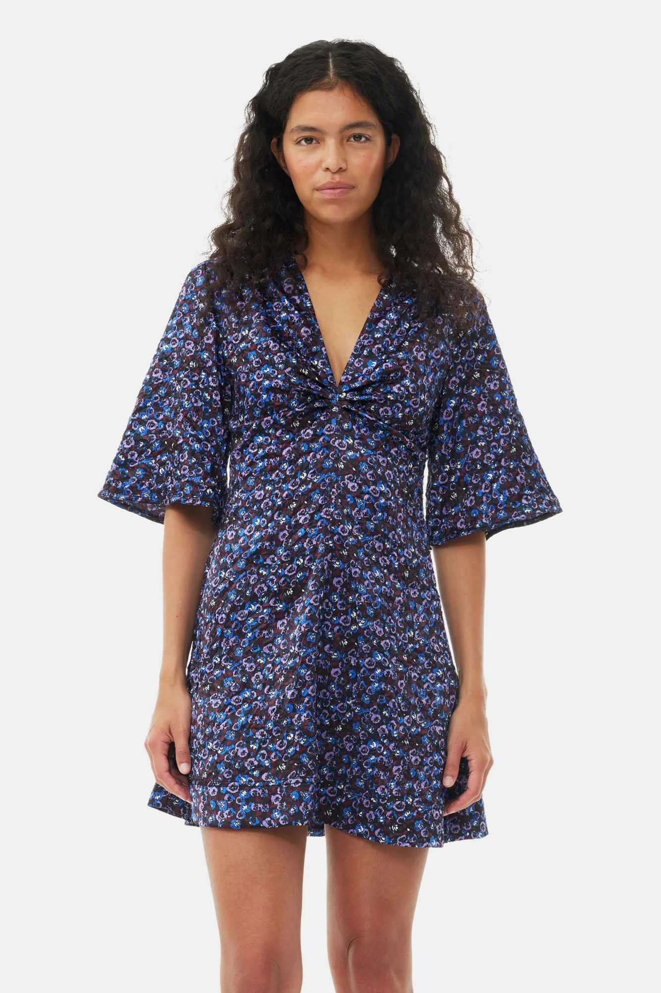 Floral Crinkled Satin V-Neck Mini Dress | Black - Image 2