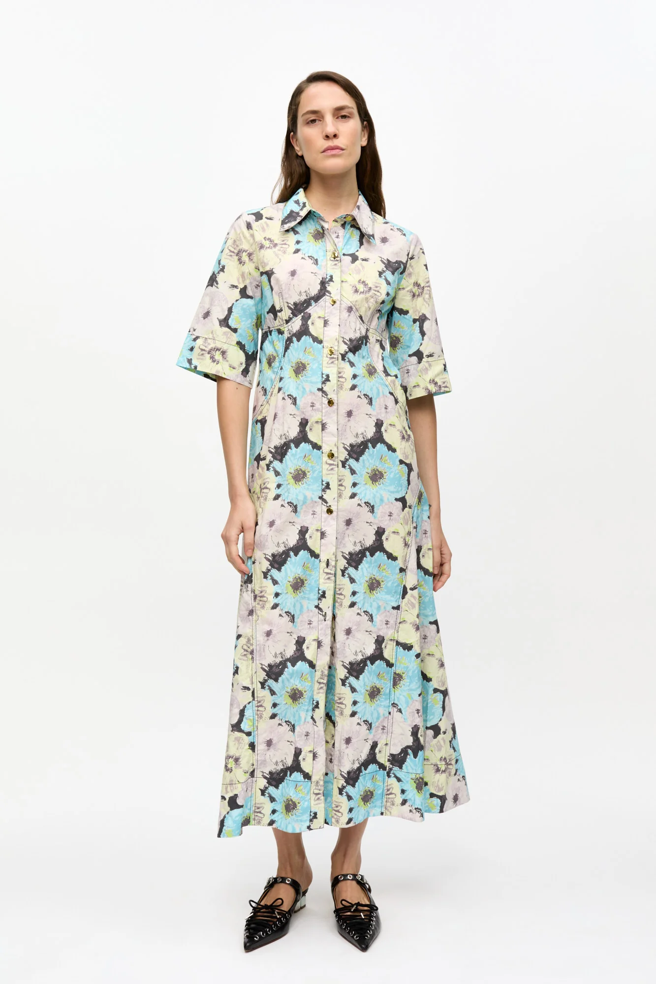 Floral Printed Cotton Long Shirt Dress | Multicolor - Image 3