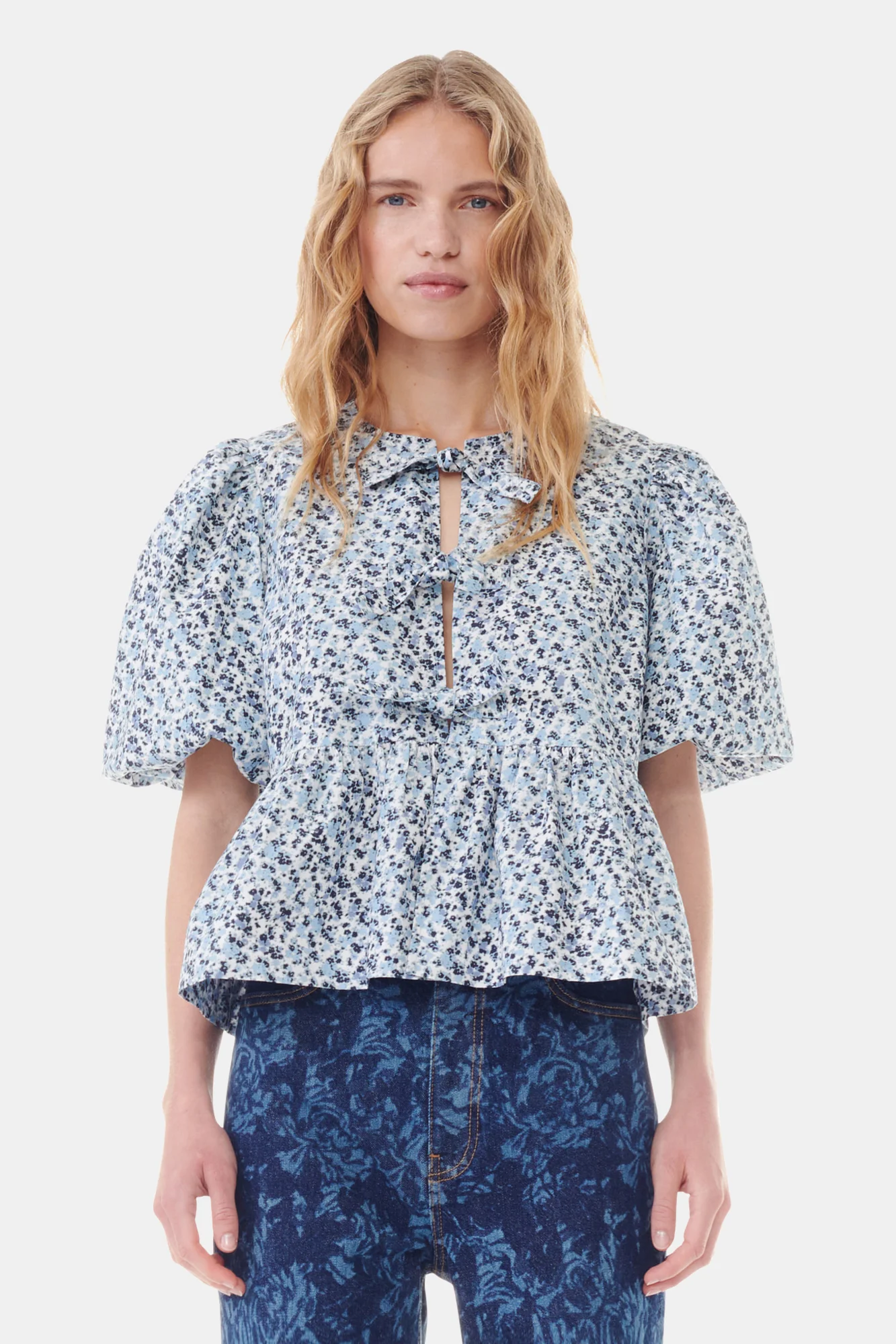Floral Printed Cotton Poplin Peplum Blouse | Glacier Lake - Image 3