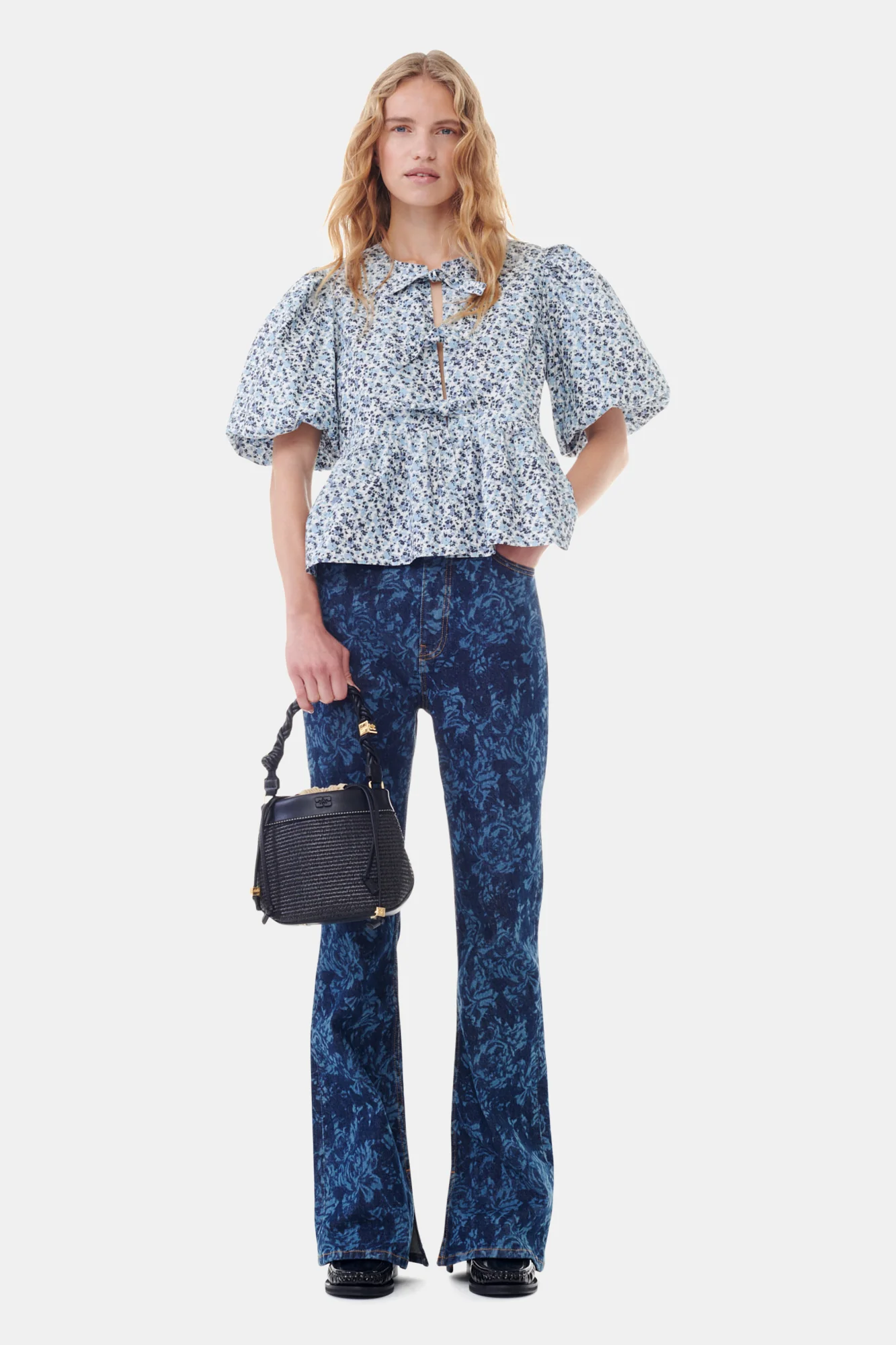 Floral Printed Cotton Poplin Peplum Blouse | Glacier Lake - Image 4