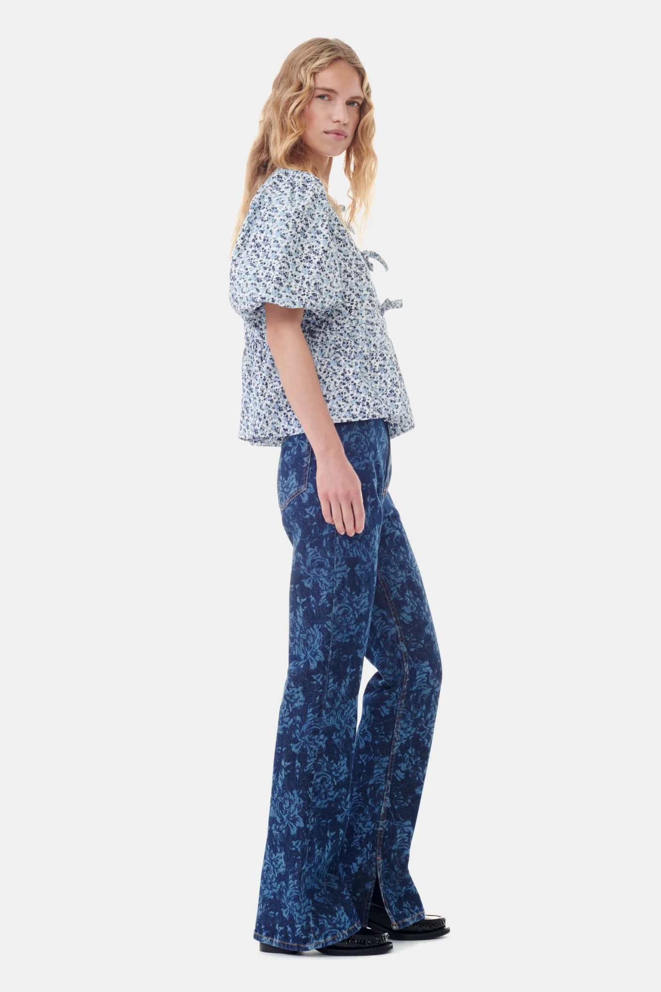Floral Printed Cotton Poplin Peplum Blouse | Glacier Lake - Image 5