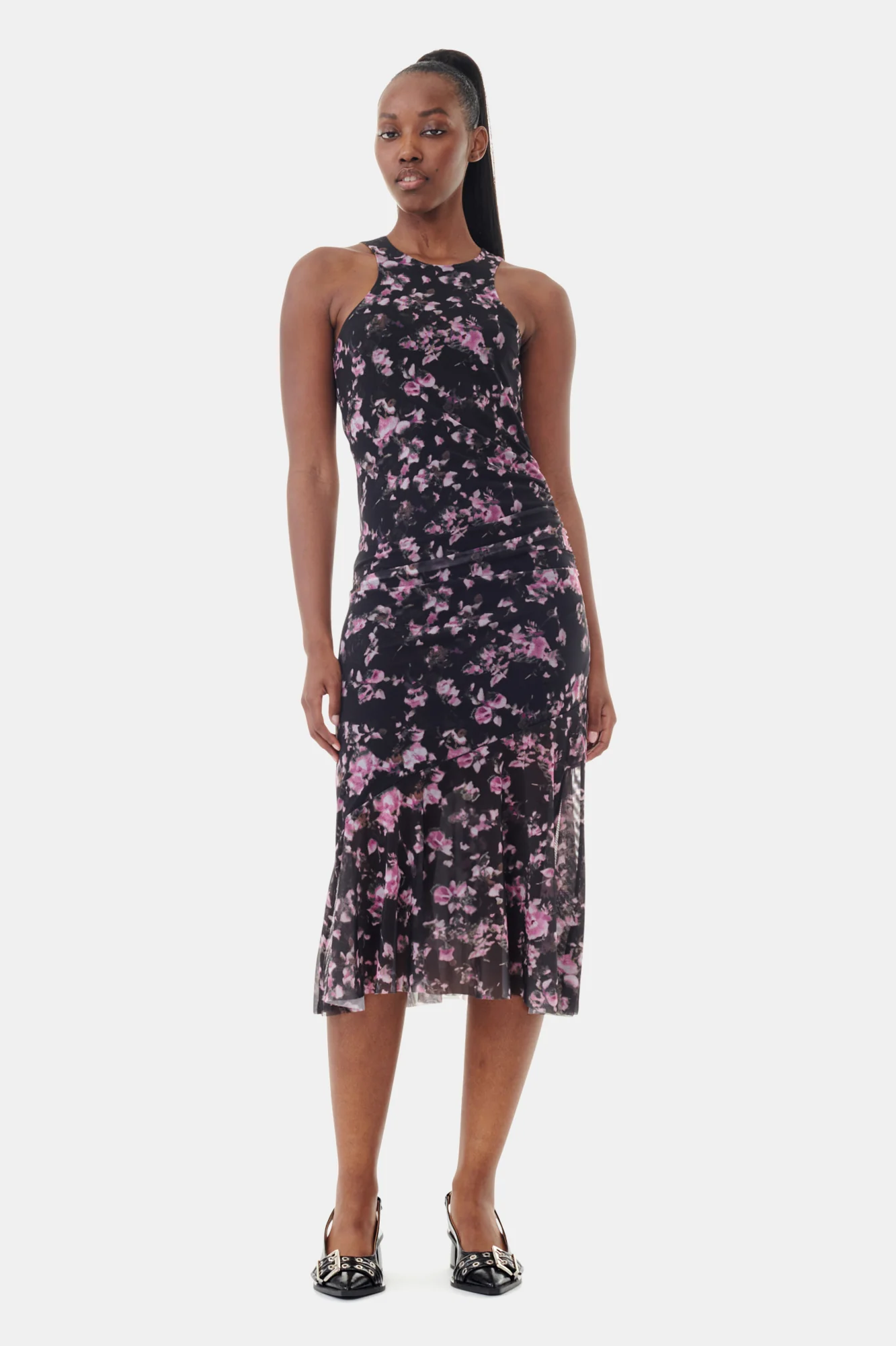 Floral Printed Mesh Sleeveless Midi Dress | Phantom - Image 3