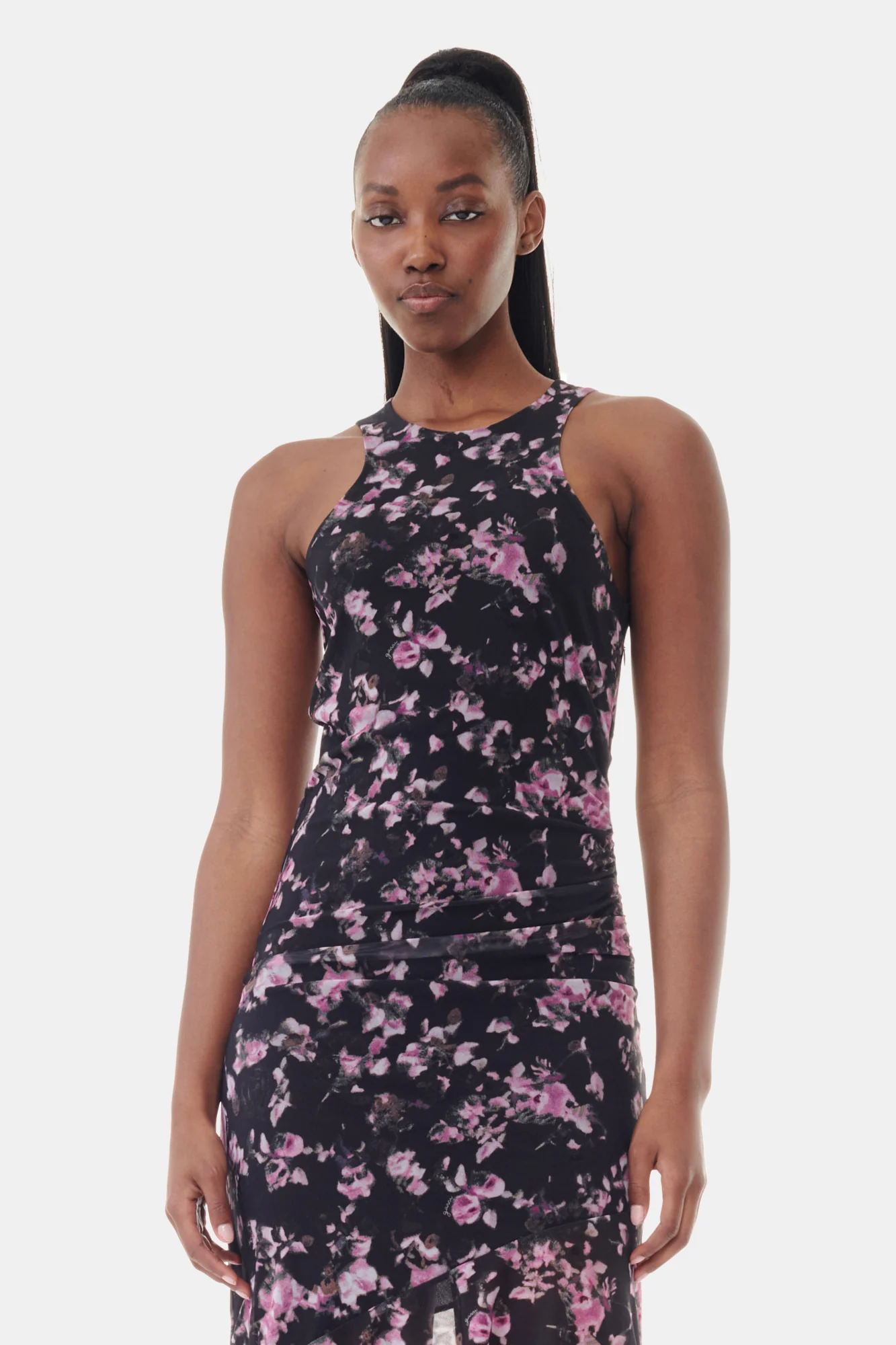 Floral Printed Mesh Sleeveless Midi Dress | Phantom - Image 4