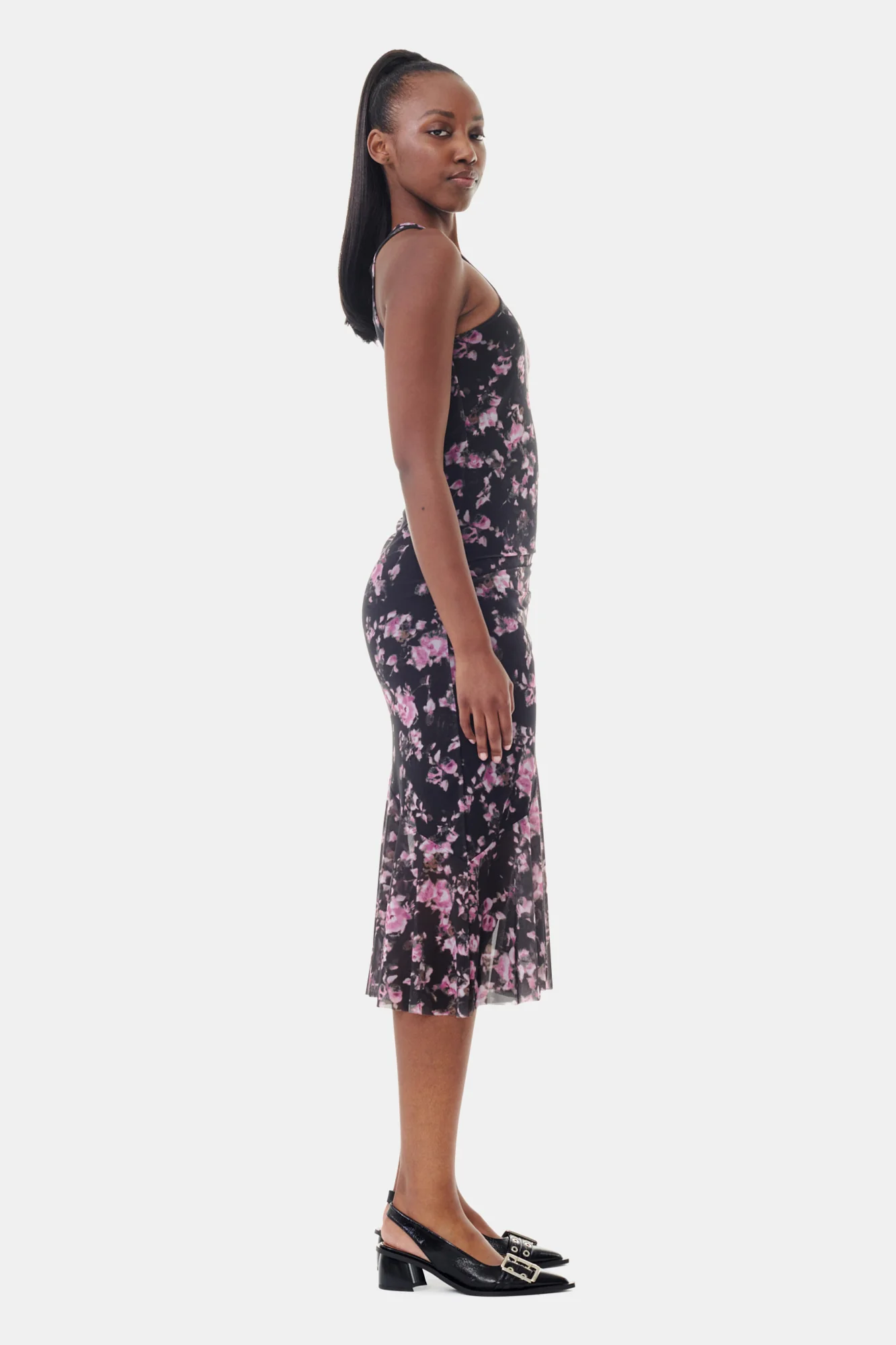 Floral Printed Mesh Sleeveless Midi Dress | Phantom - Image 5
