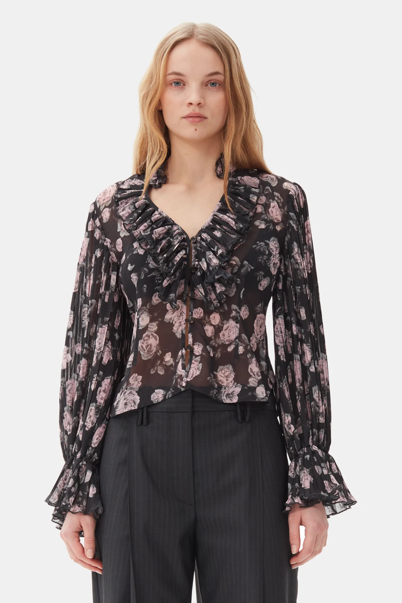 Floral Printed Pleated Georgette Blouse | Phantom - Image 3