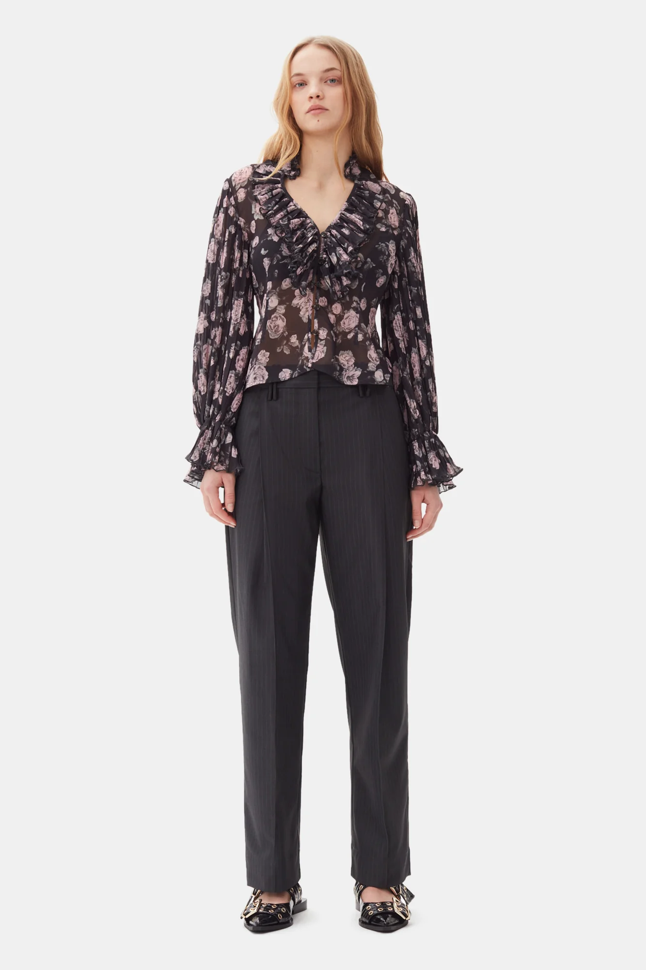 Floral Printed Pleated Georgette Blouse | Phantom - Image 4