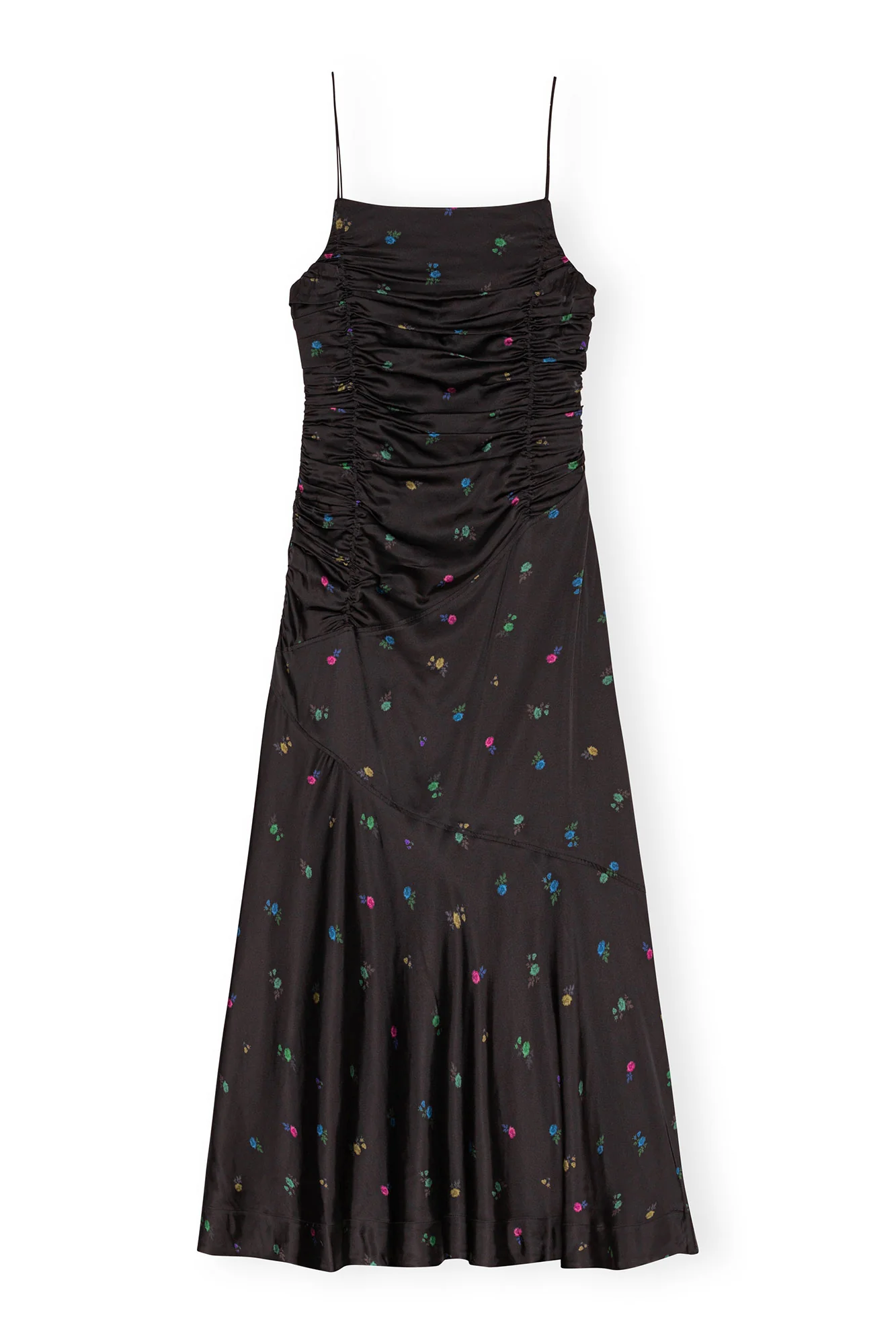 Floral Satin Ruched Long Slip Dress | Black