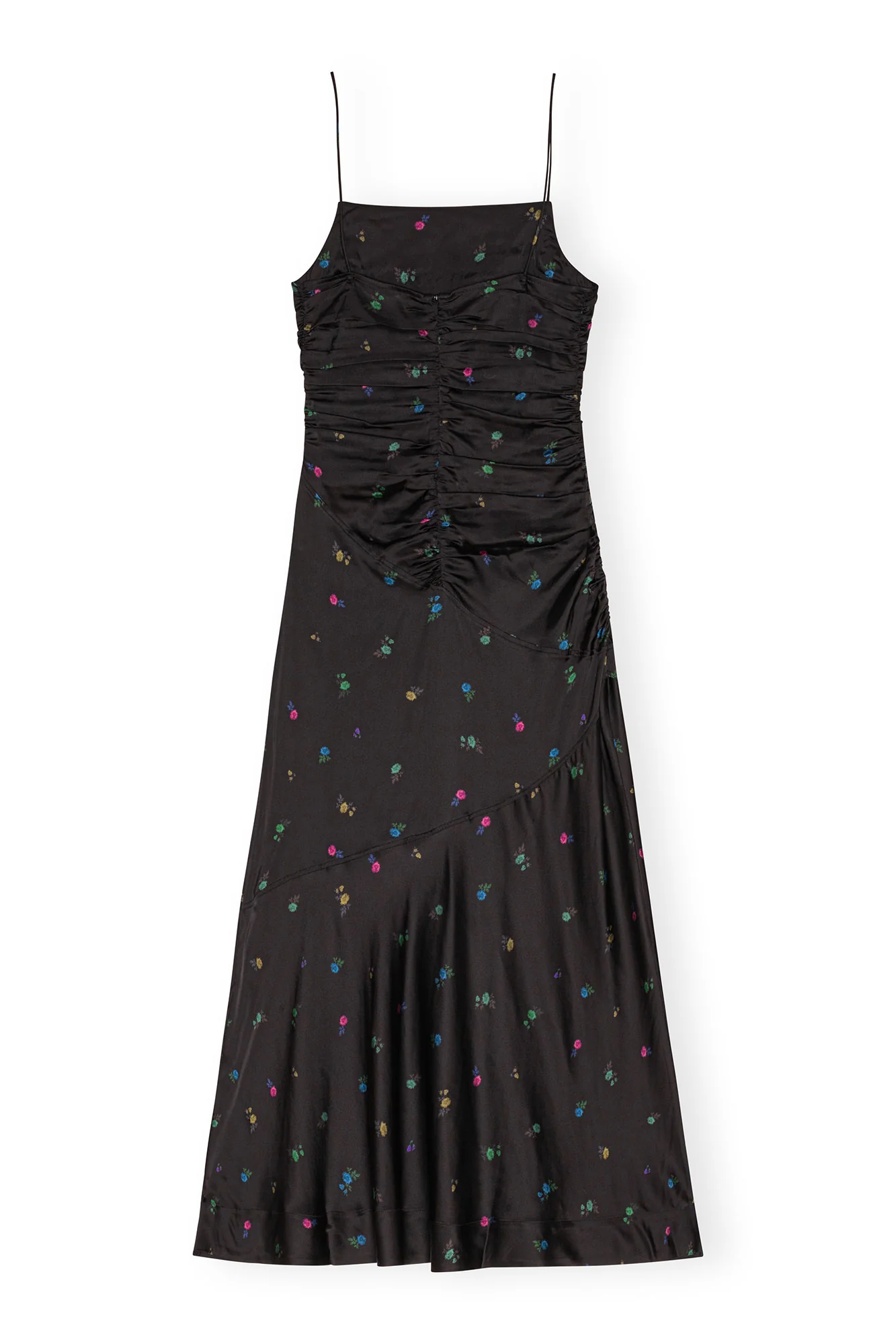 Floral Satin Ruched Long Slip Dress | Black - Image 2