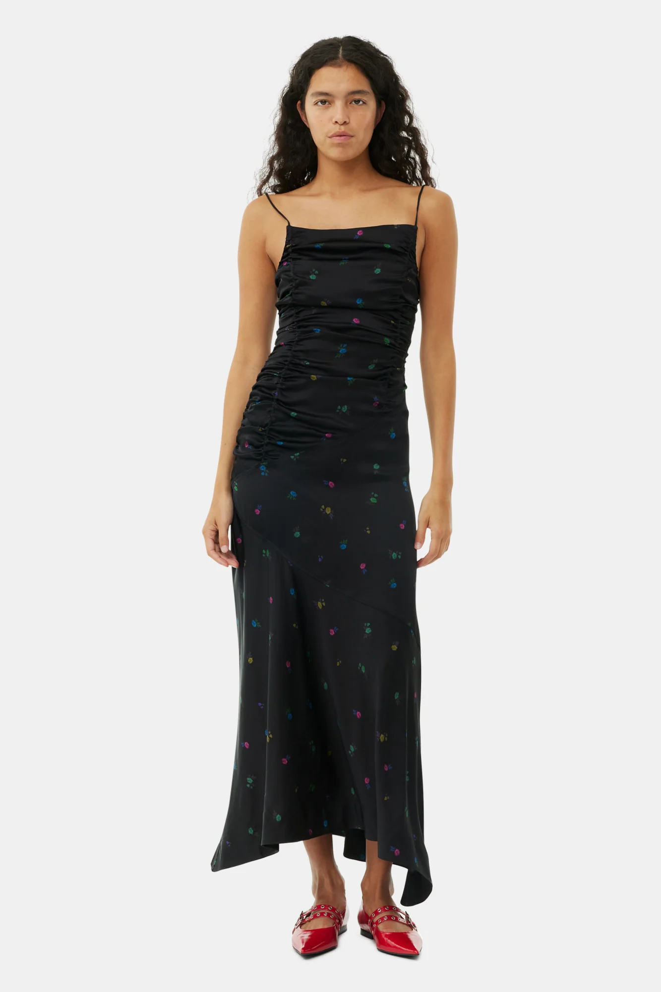 Floral Satin Ruched Long Slip Dress | Black - Image 3