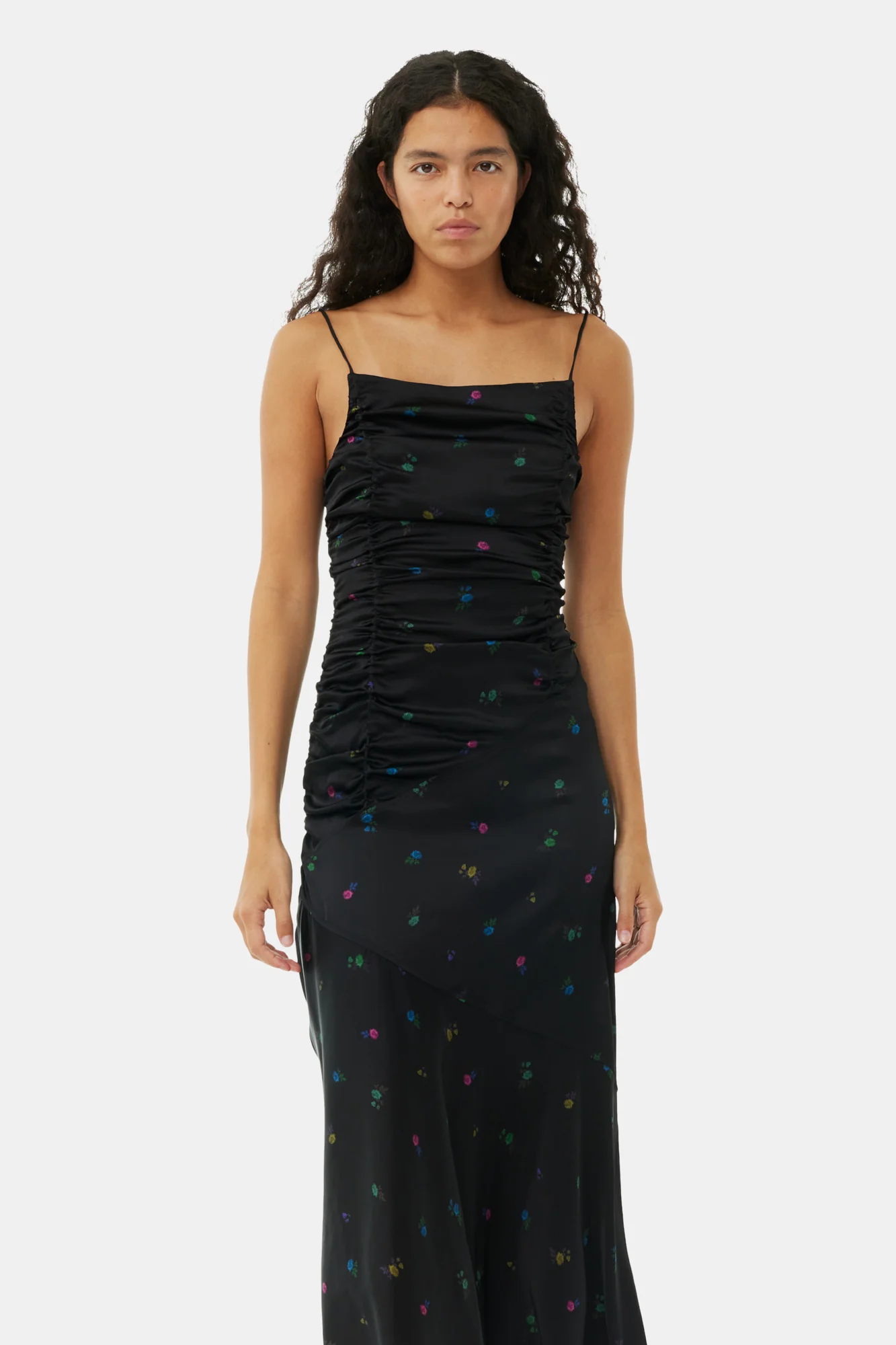 Floral Satin Ruched Long Slip Dress | Black - Image 4