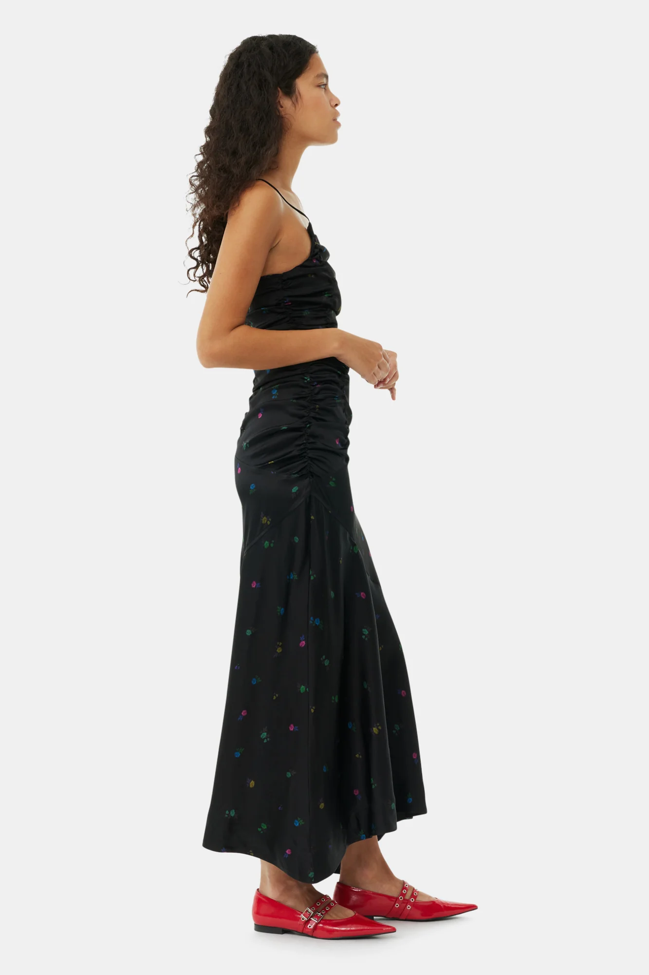 Floral Satin Ruched Long Slip Dress | Black - Image 5