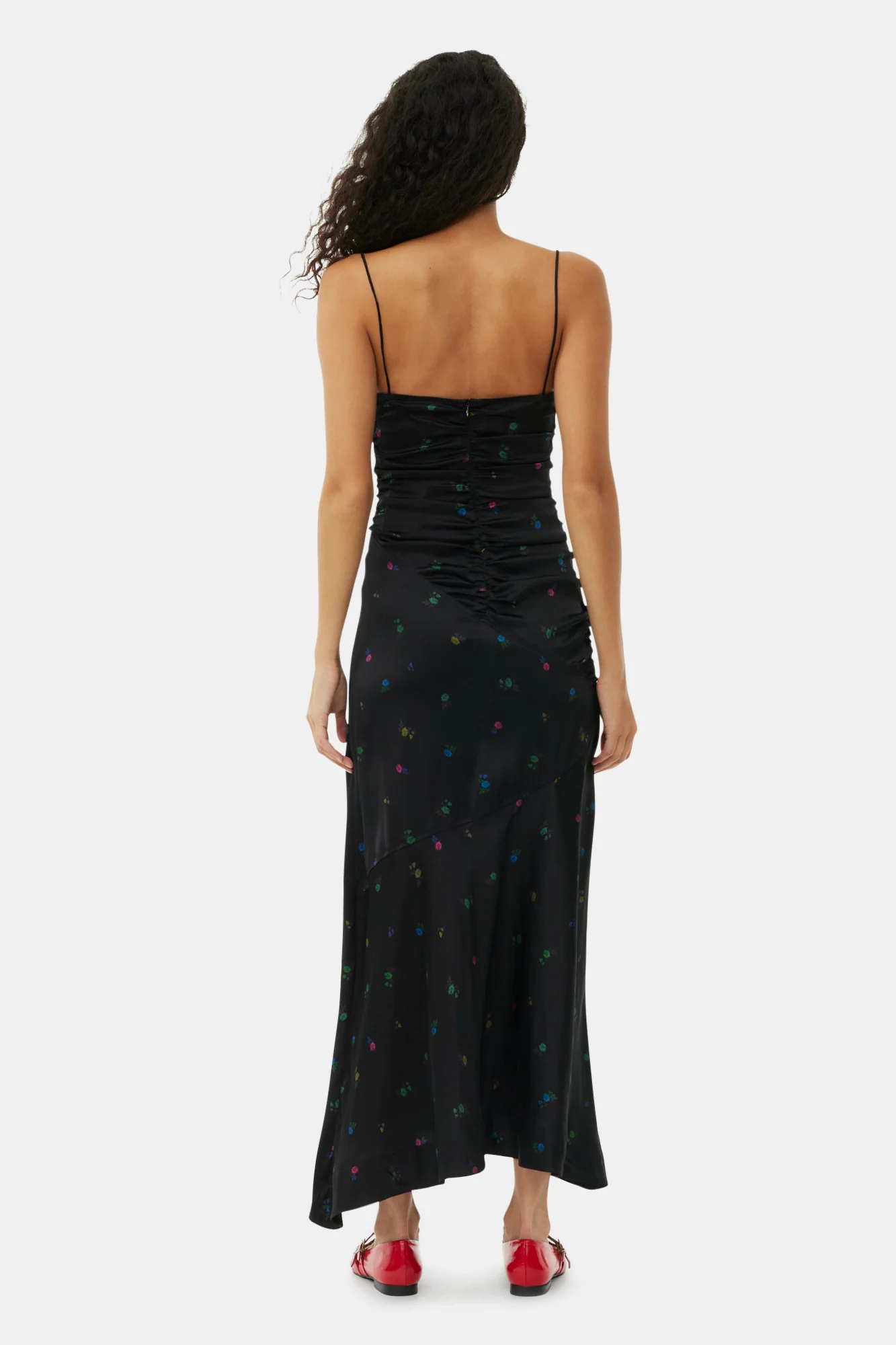 Floral Satin Ruched Long Slip Dress | Black - Image 6
