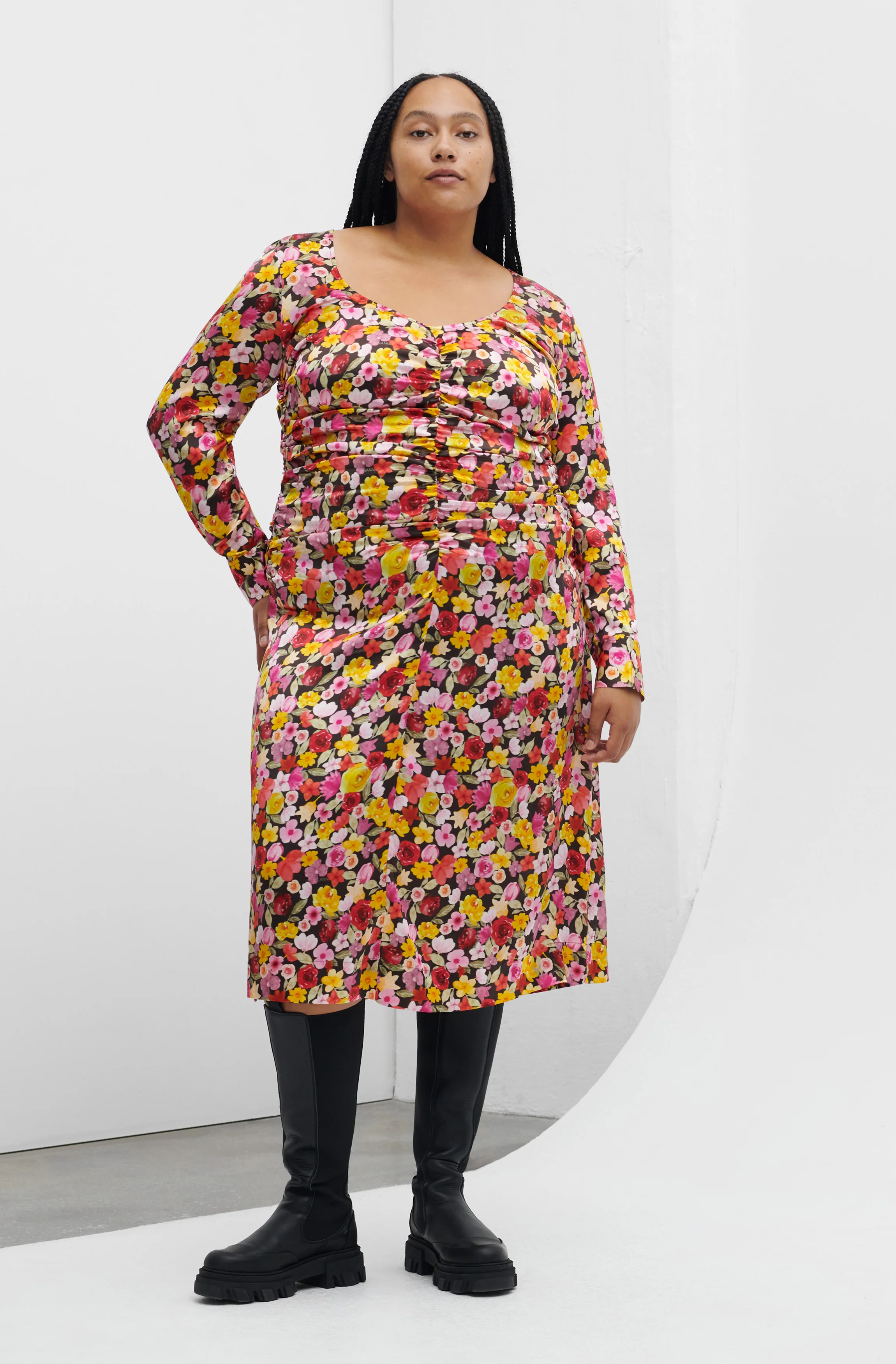 Floral Silk Blend Gather Dress | Mole - Image 3