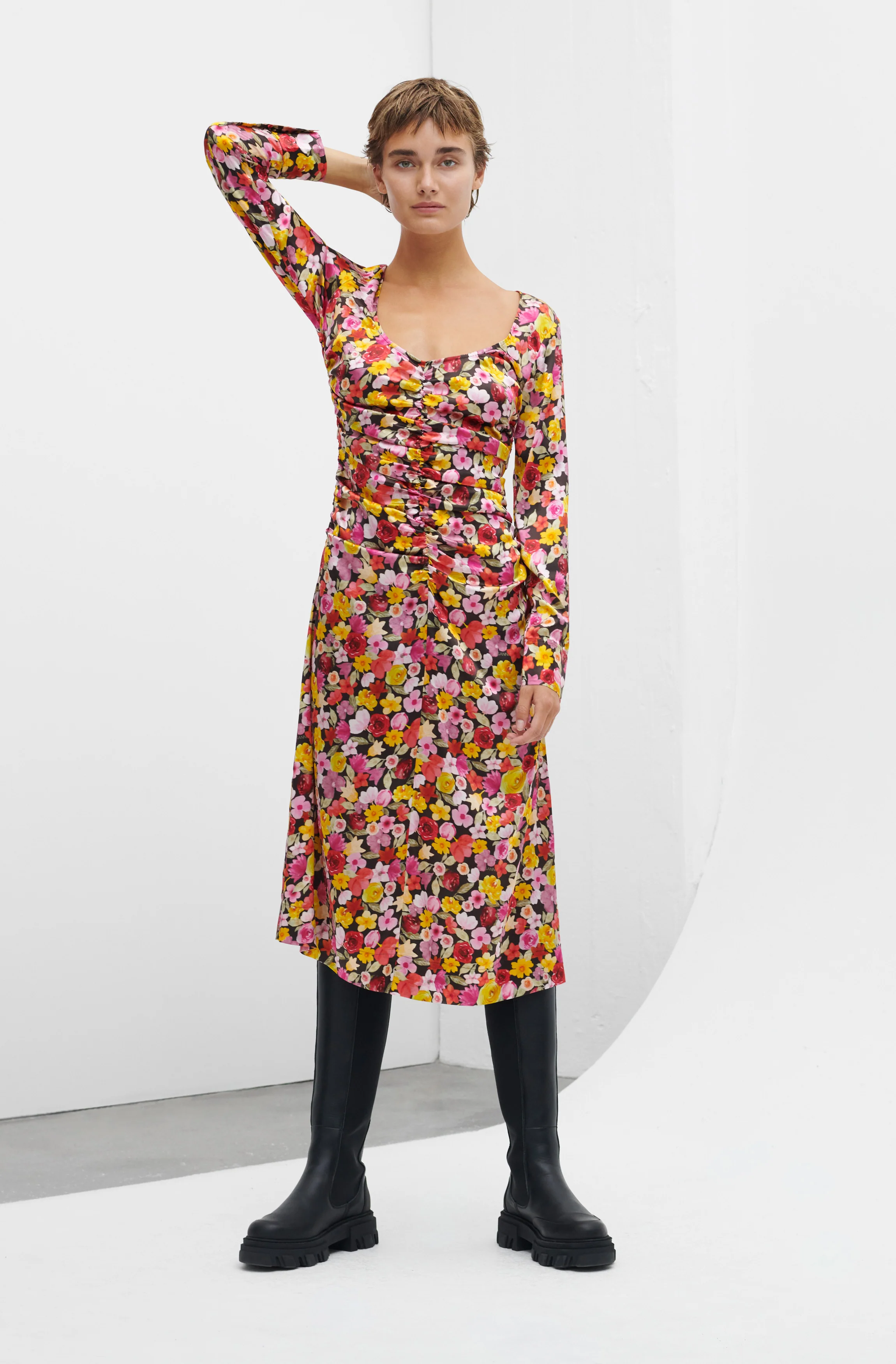 Floral Silk Blend Gather Dress | Mole - Image 6