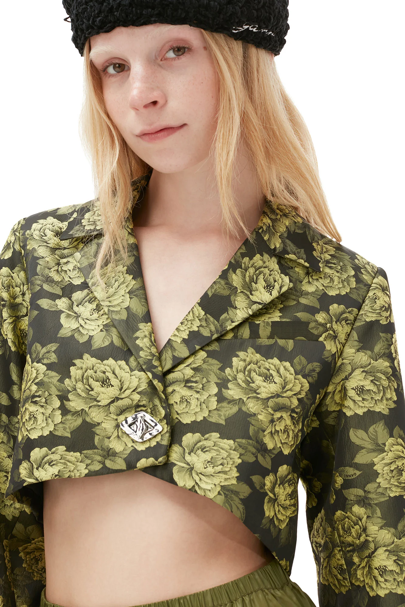 Flower Jacquard Cropped Suiting Blazer | Lemon Zest - Image 6