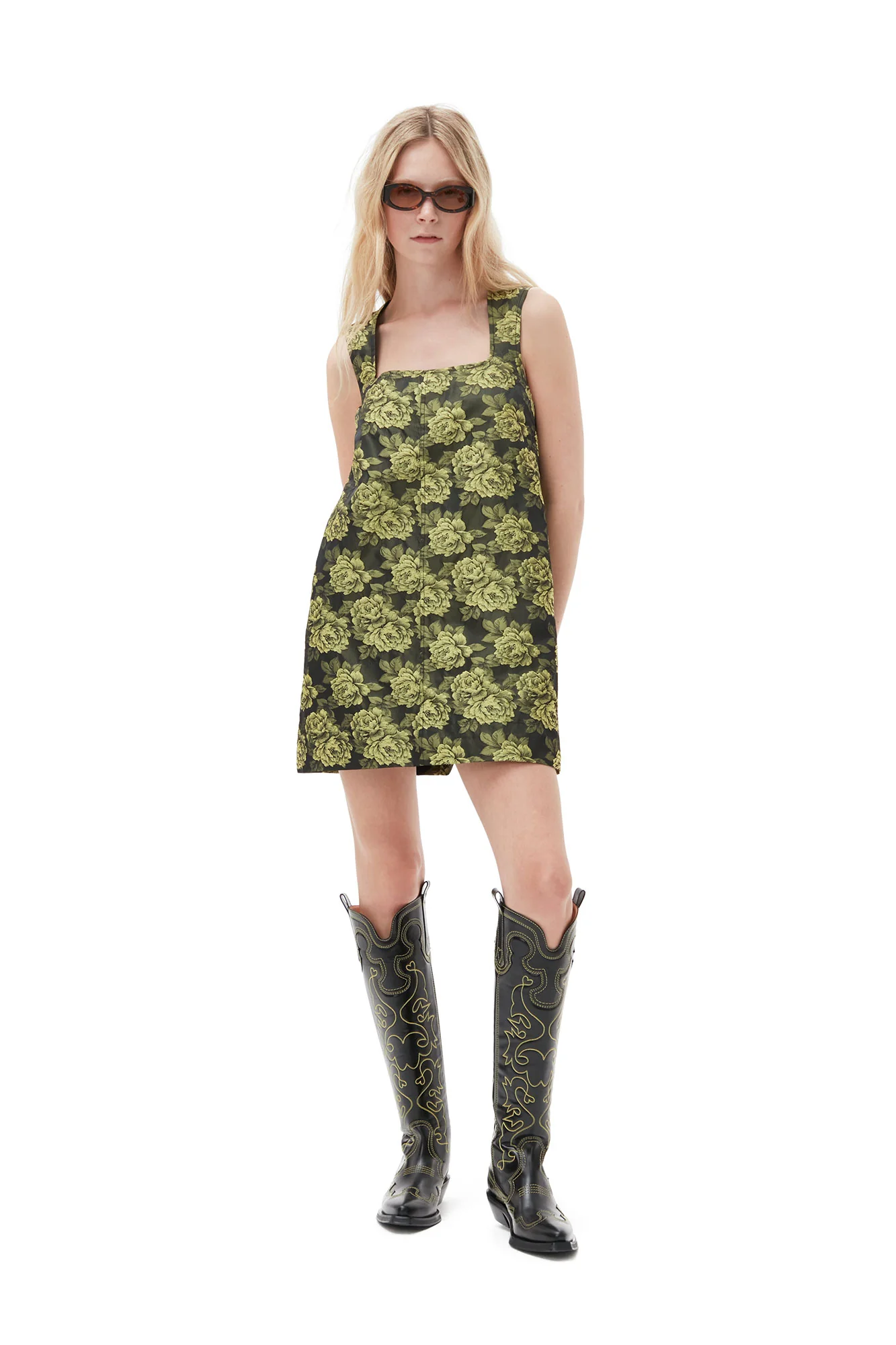 Flower Jacquard Suiting Mini Dress | Lemon Zest - Image 3