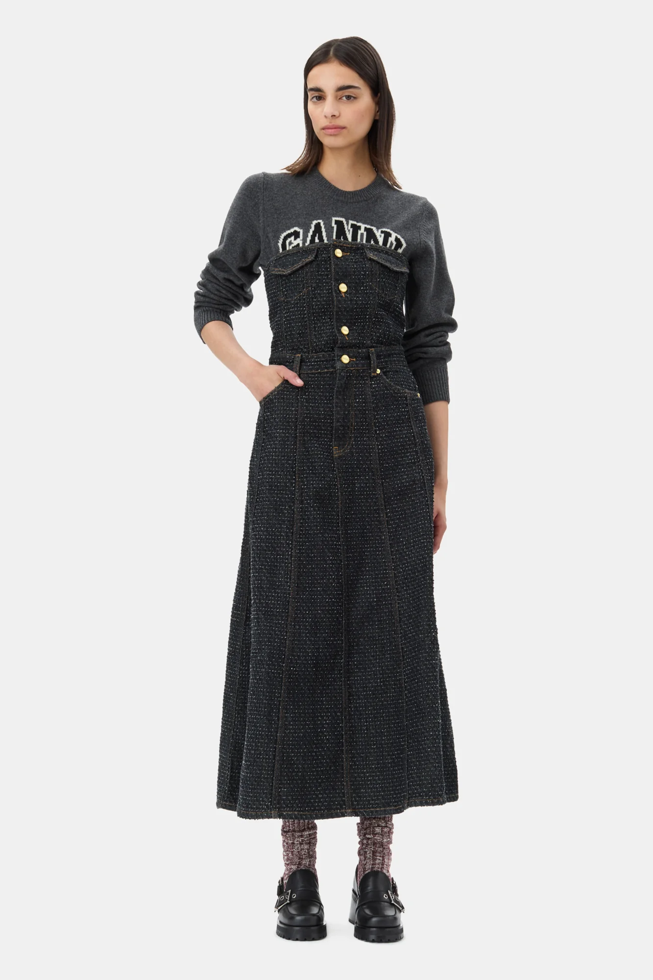 Fluffy Denim Long Corsage Dress | Black - Image 3