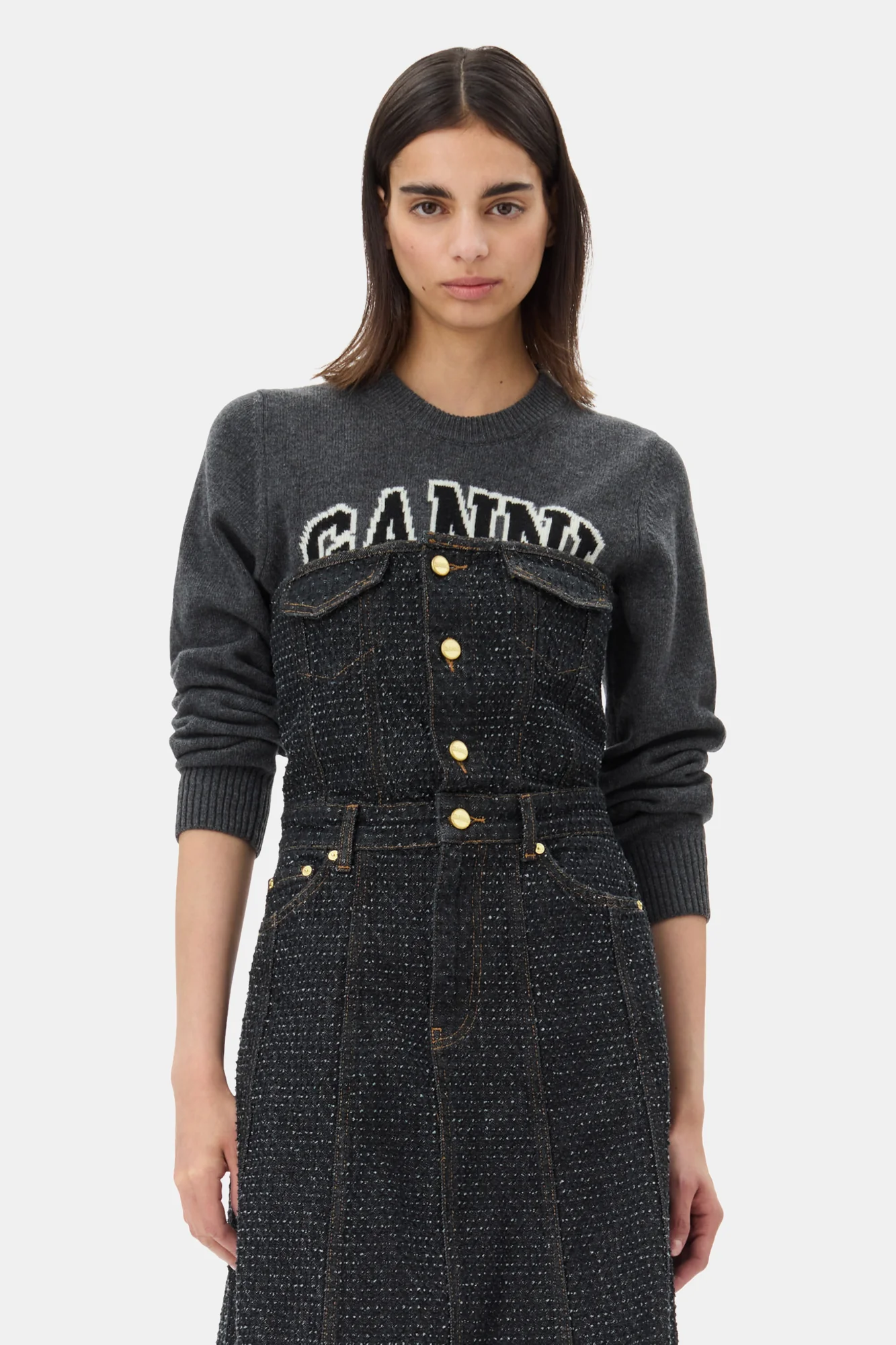 Fluffy Denim Long Corsage Dress | Black - Image 4