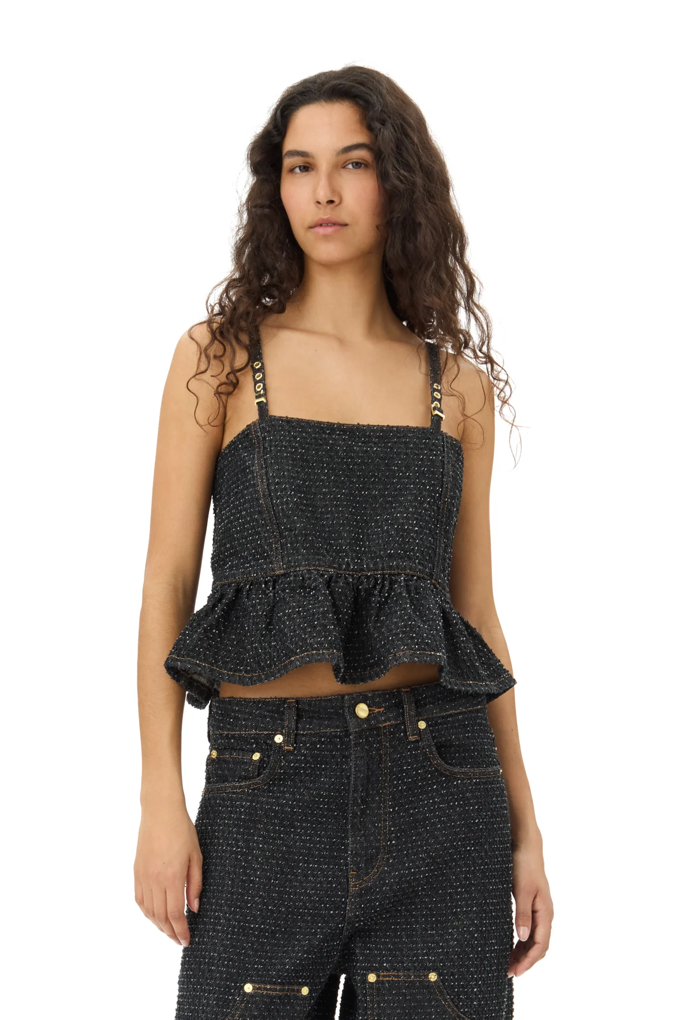 Fluffy Denim Strap Top | Black - Image 3