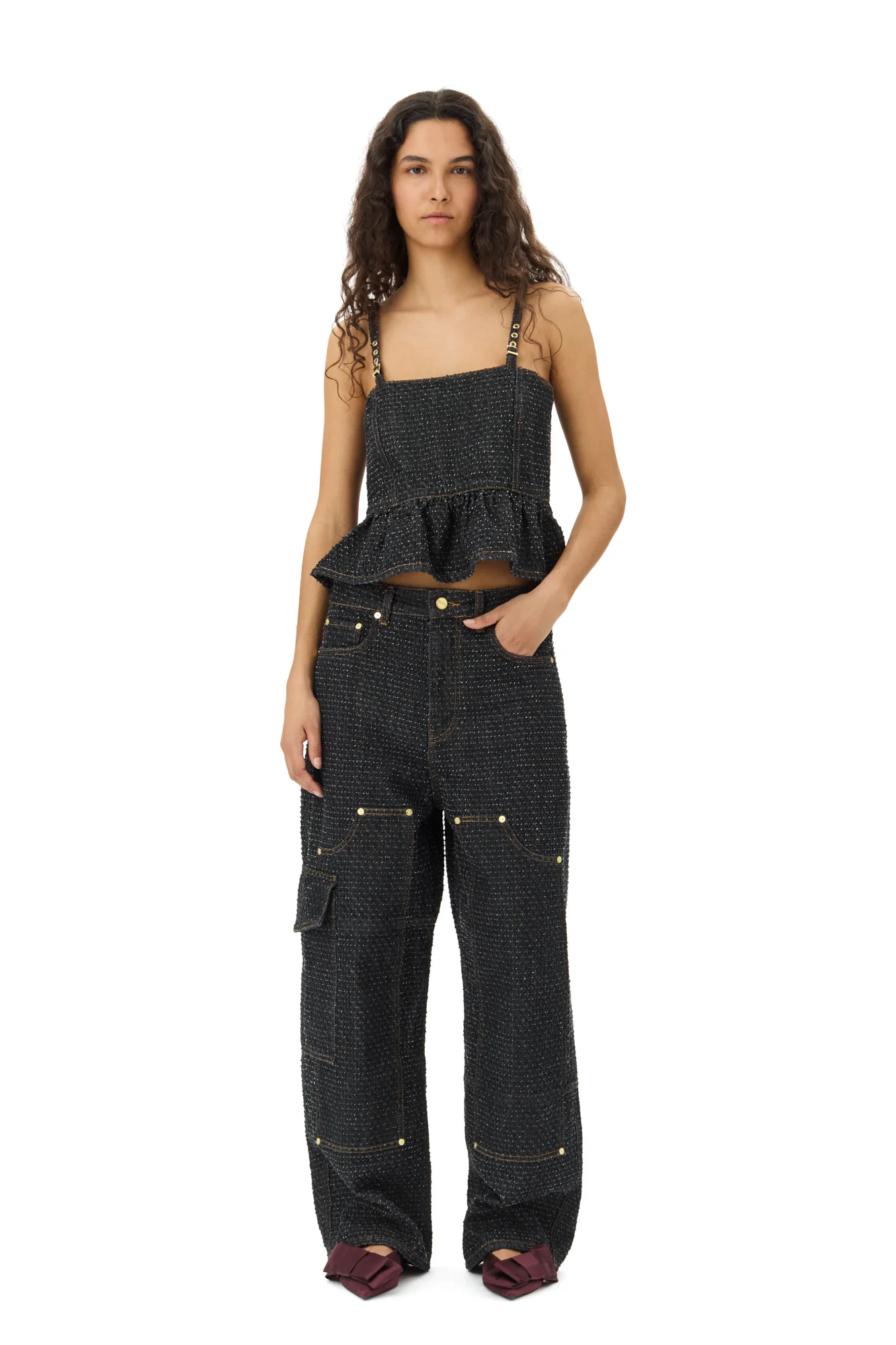 Fluffy Denim Strap Top | Black - Image 4