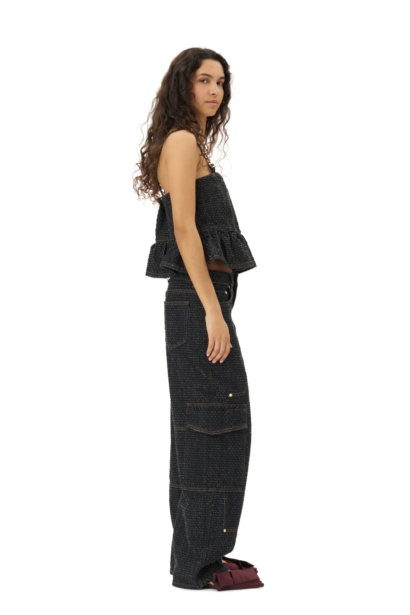 Fluffy Denim Strap Top | Black - Image 5