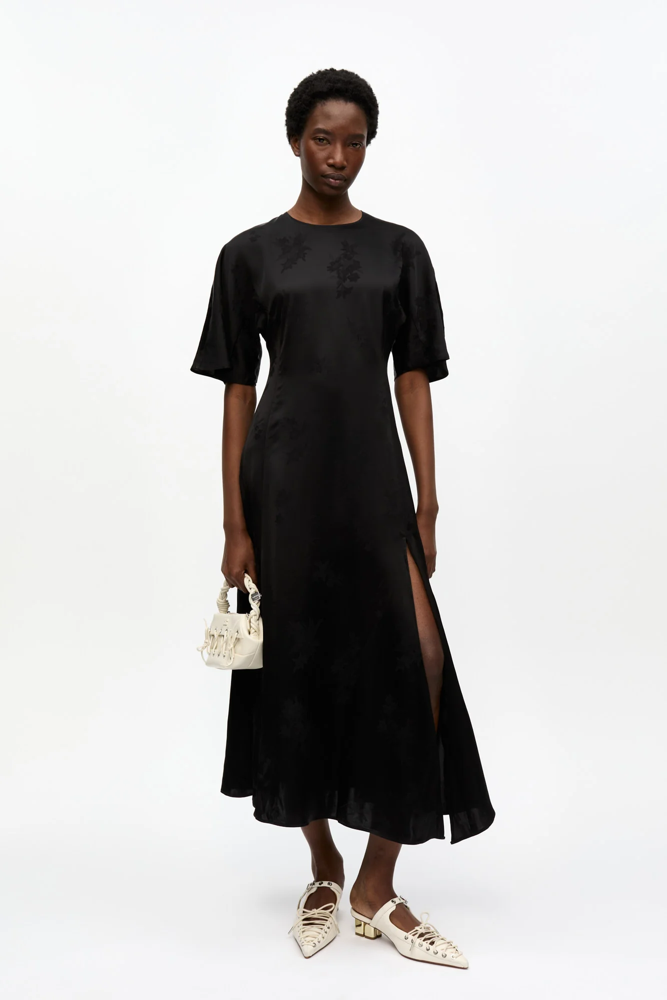 Fluid Satin Jacquard Slit Dress | Black - Image 3
