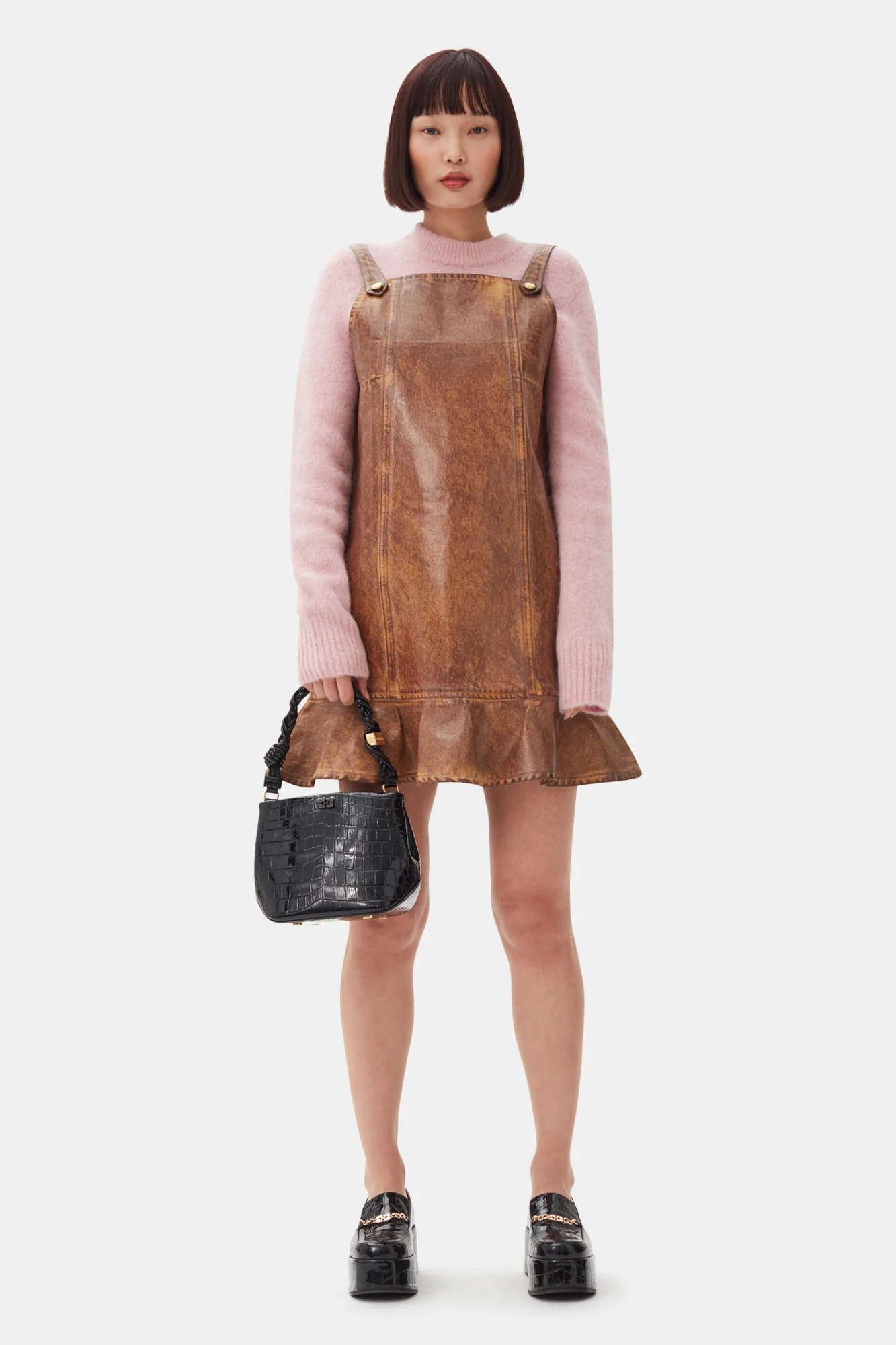 Foil Overdyed Denim Mini Dress | Cognac - Image 3
