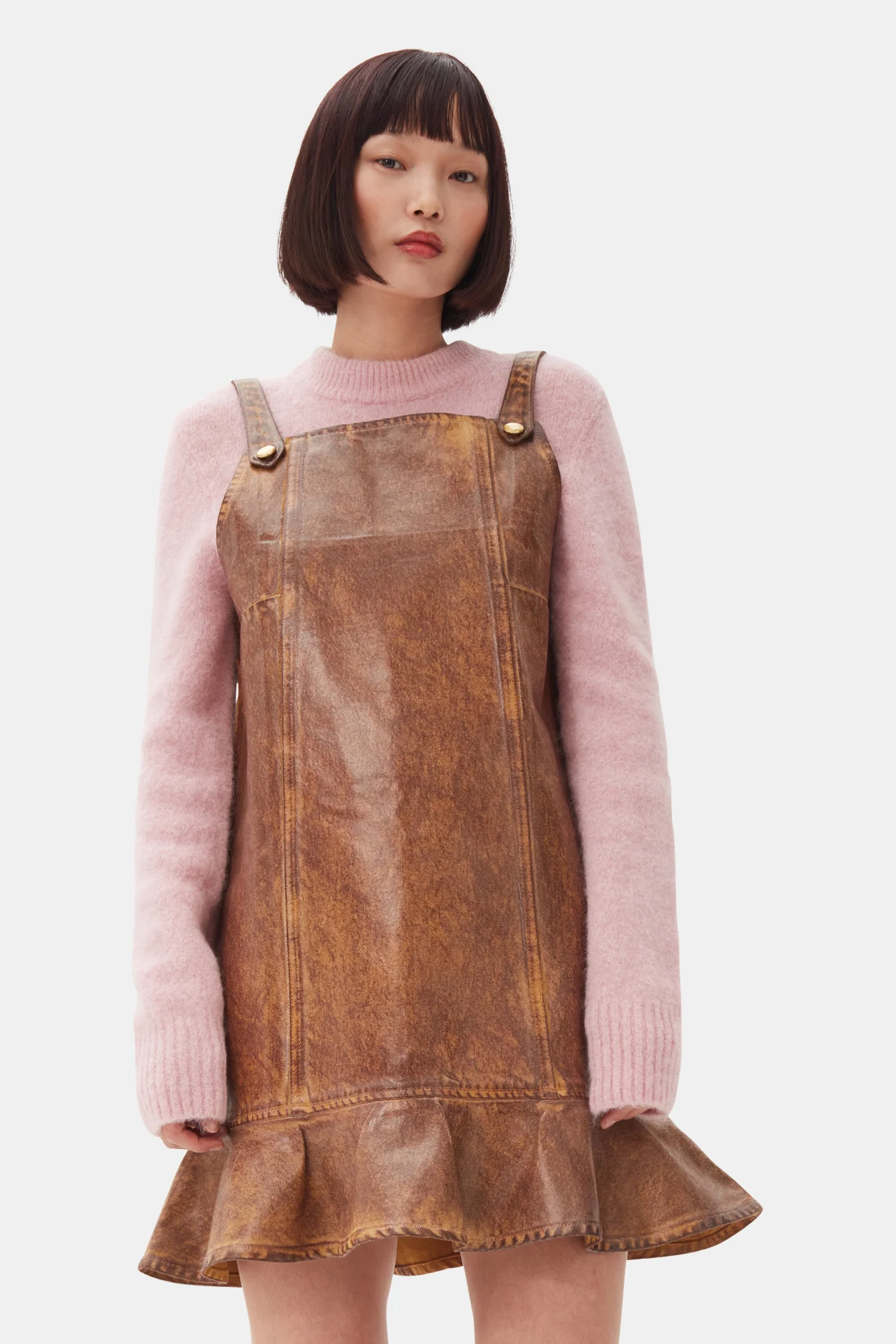 Foil Overdyed Denim Mini Dress | Cognac - Image 4