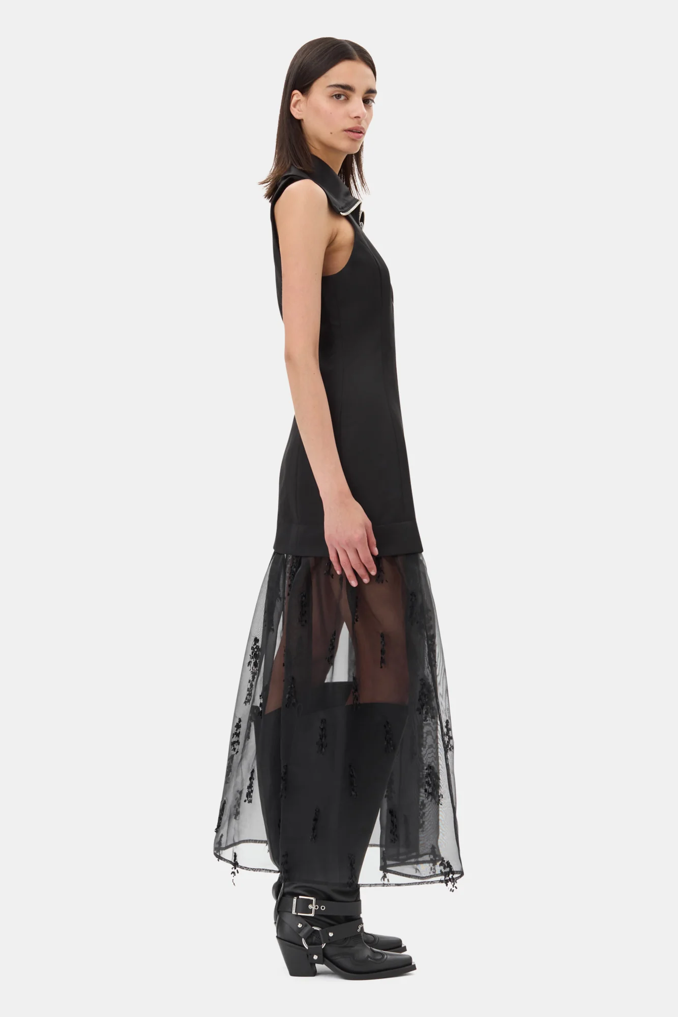 Fringed Organza Long Dress | Black - Image 5
