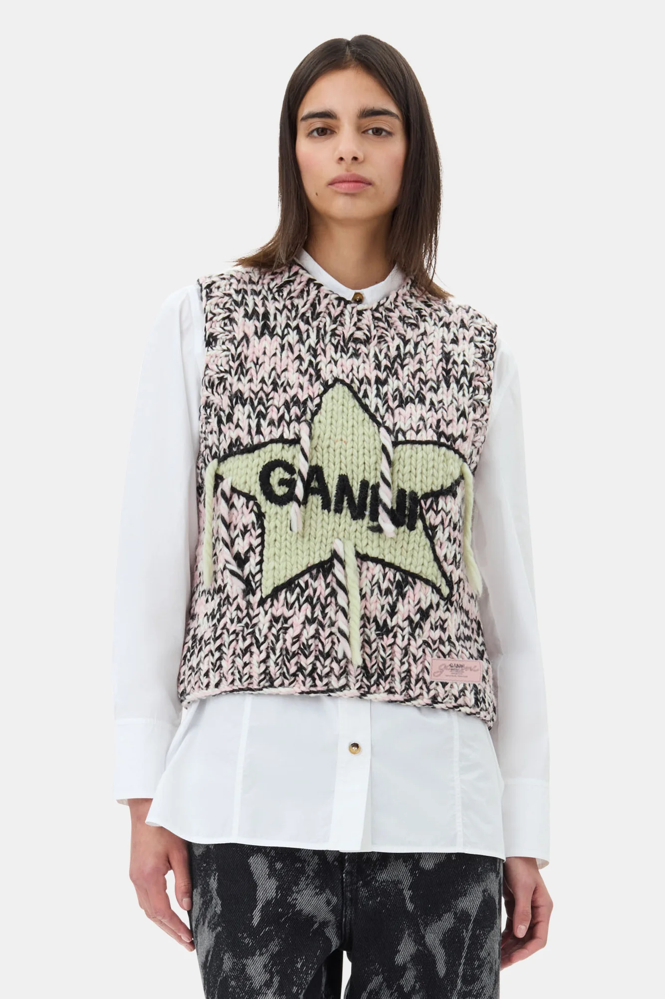 Graphic Wool Handknit Vest | Chalk Pink - Image 3
