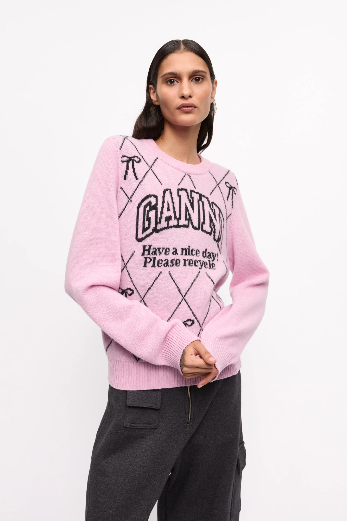 Graphic Wool Mix Bow Crewneck | Mauve Chalk - Image 3