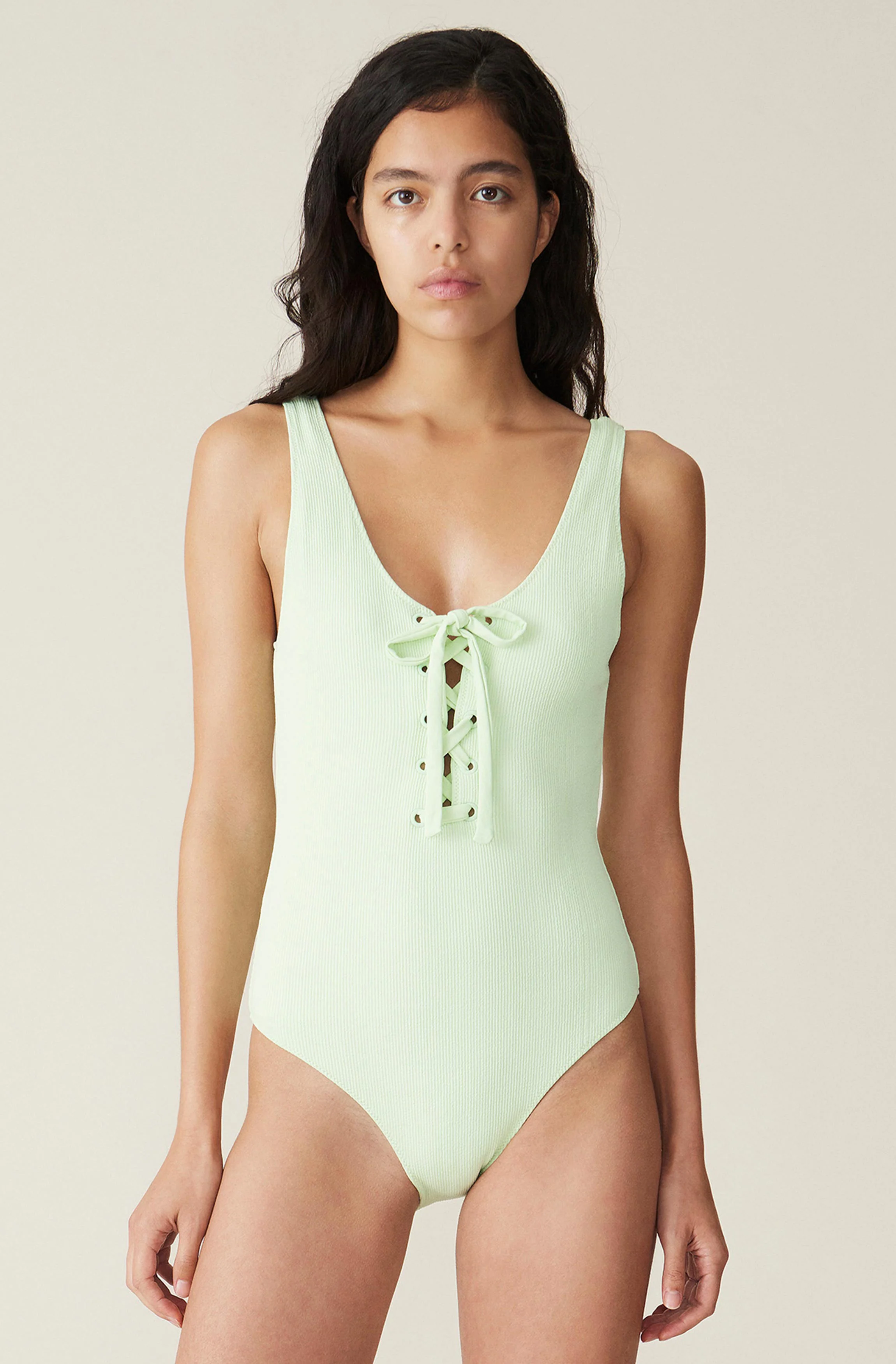 Green Textured Lace-up Swimsuit | Patina Green - Image 2
