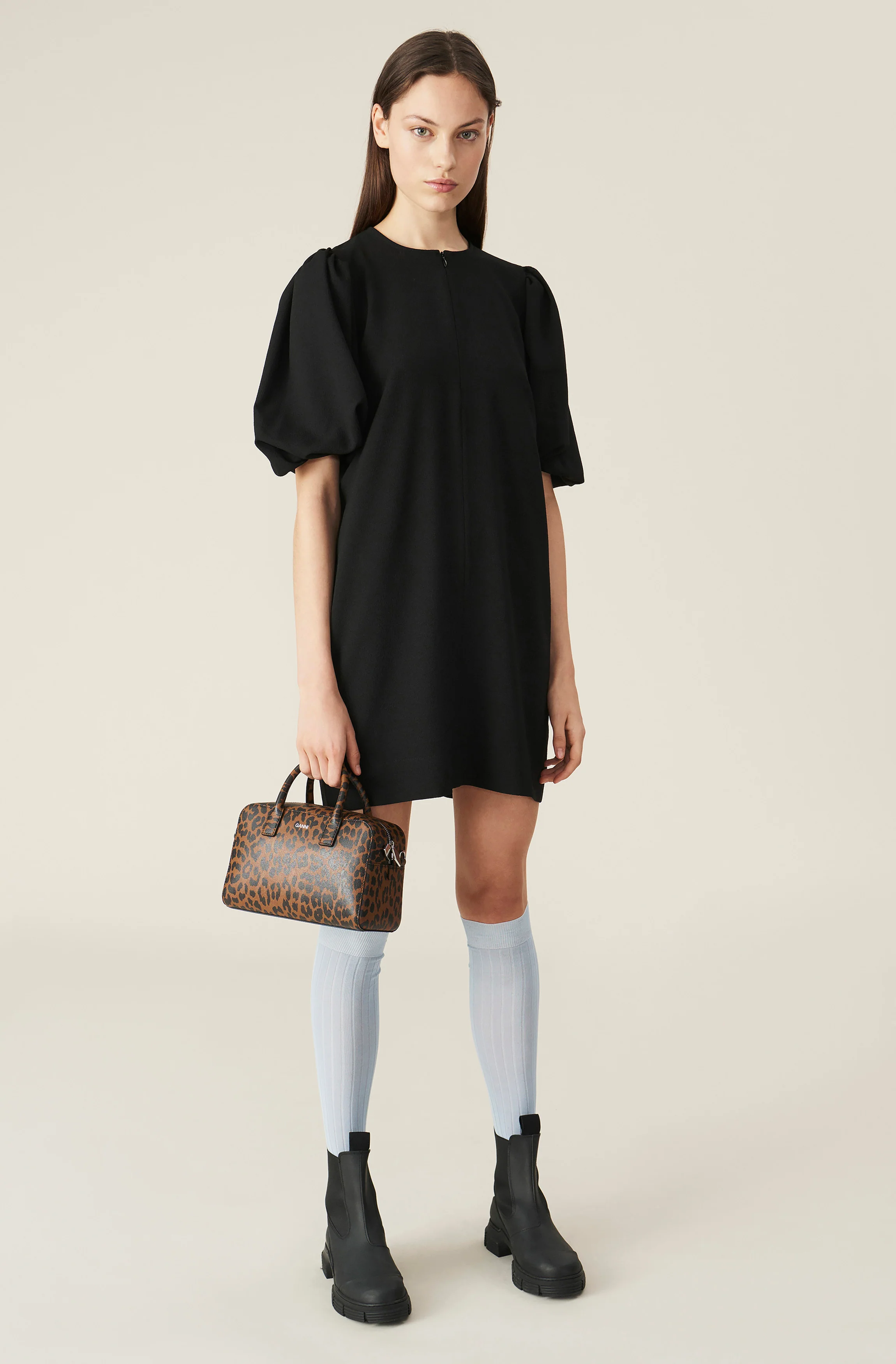 Heavy Crepe Balloon Sleeve Mini Dress | Black - Image 2