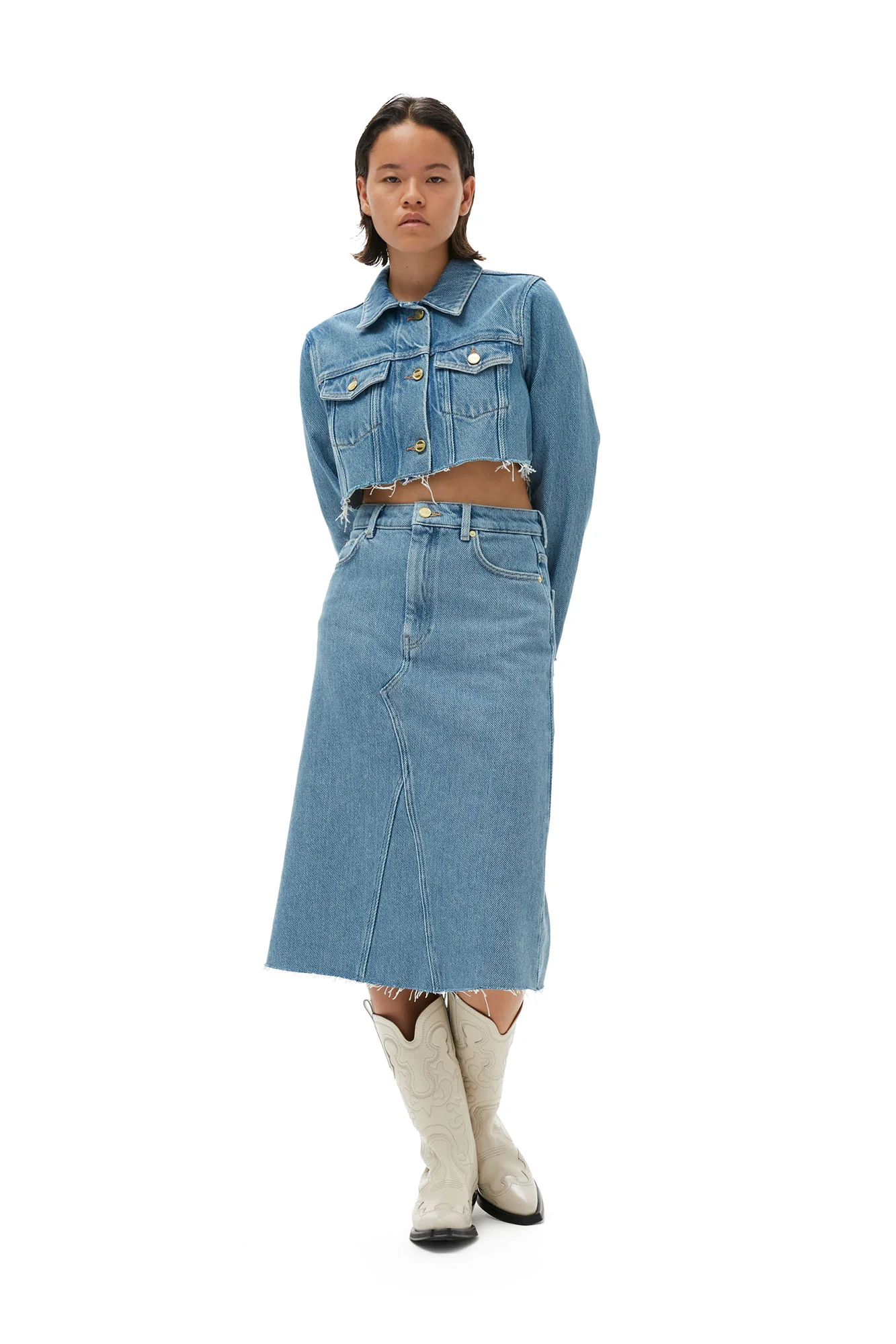 Heavy Denim Cropped Trucker Jacket | Light Blue Stone - Image 3
