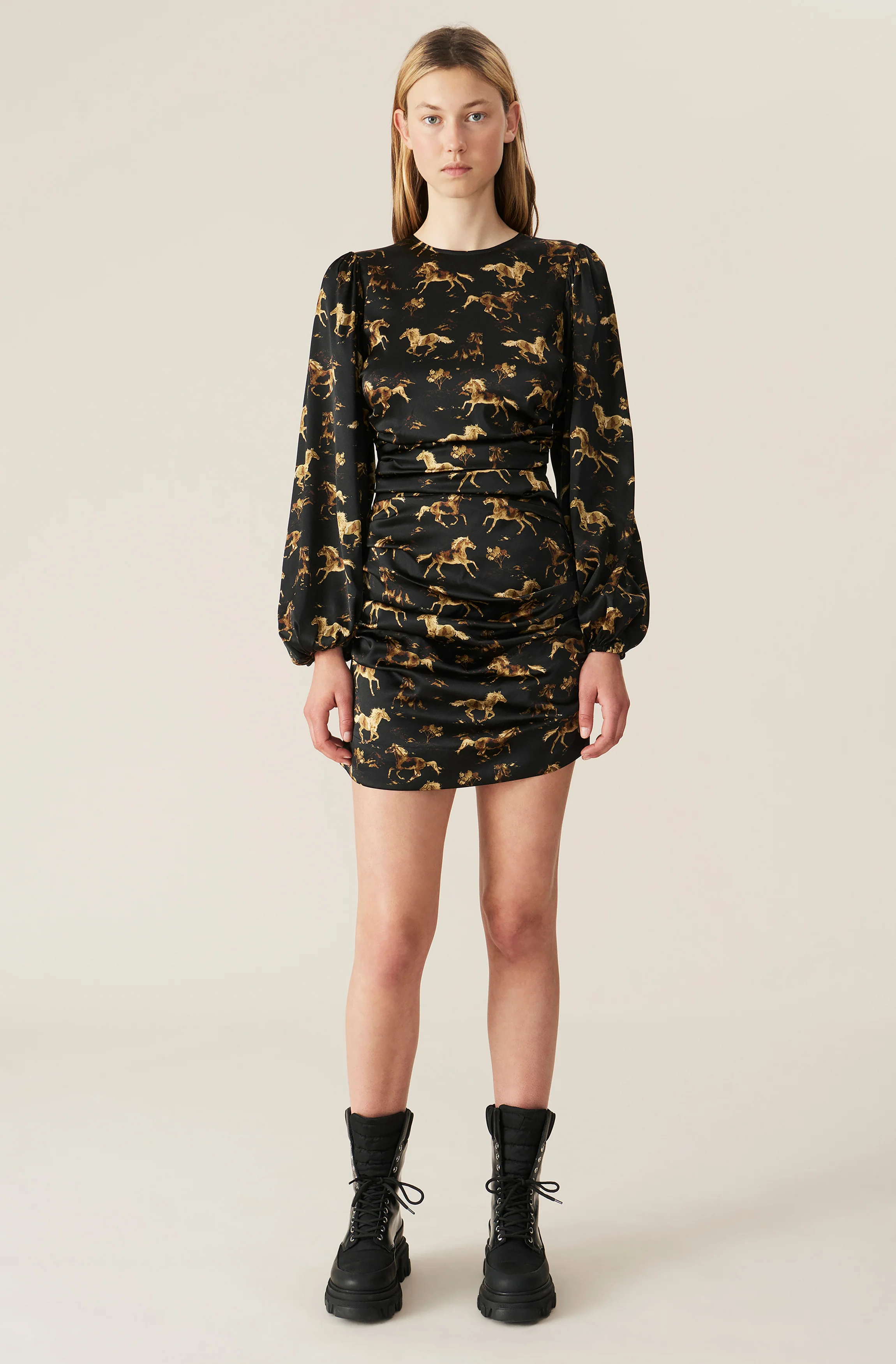 Horse Print Silk Mini Dress | Black - Image 2