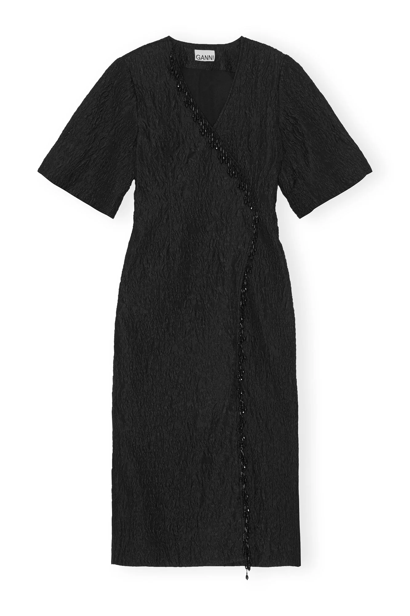 Jacquard Organza Bead Fringe Dress | Black