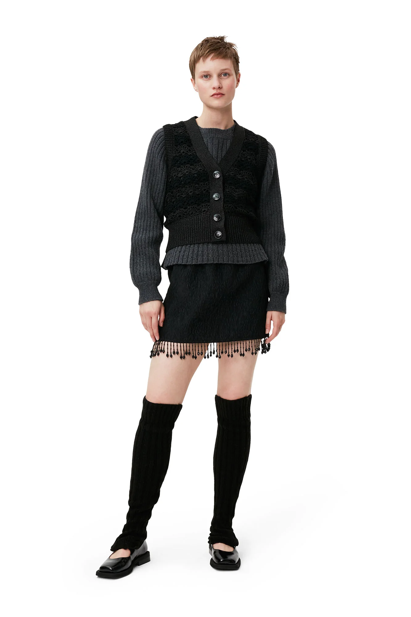 Jacquard Organza Bead Fringe Mini Skirt | Black - Image 3