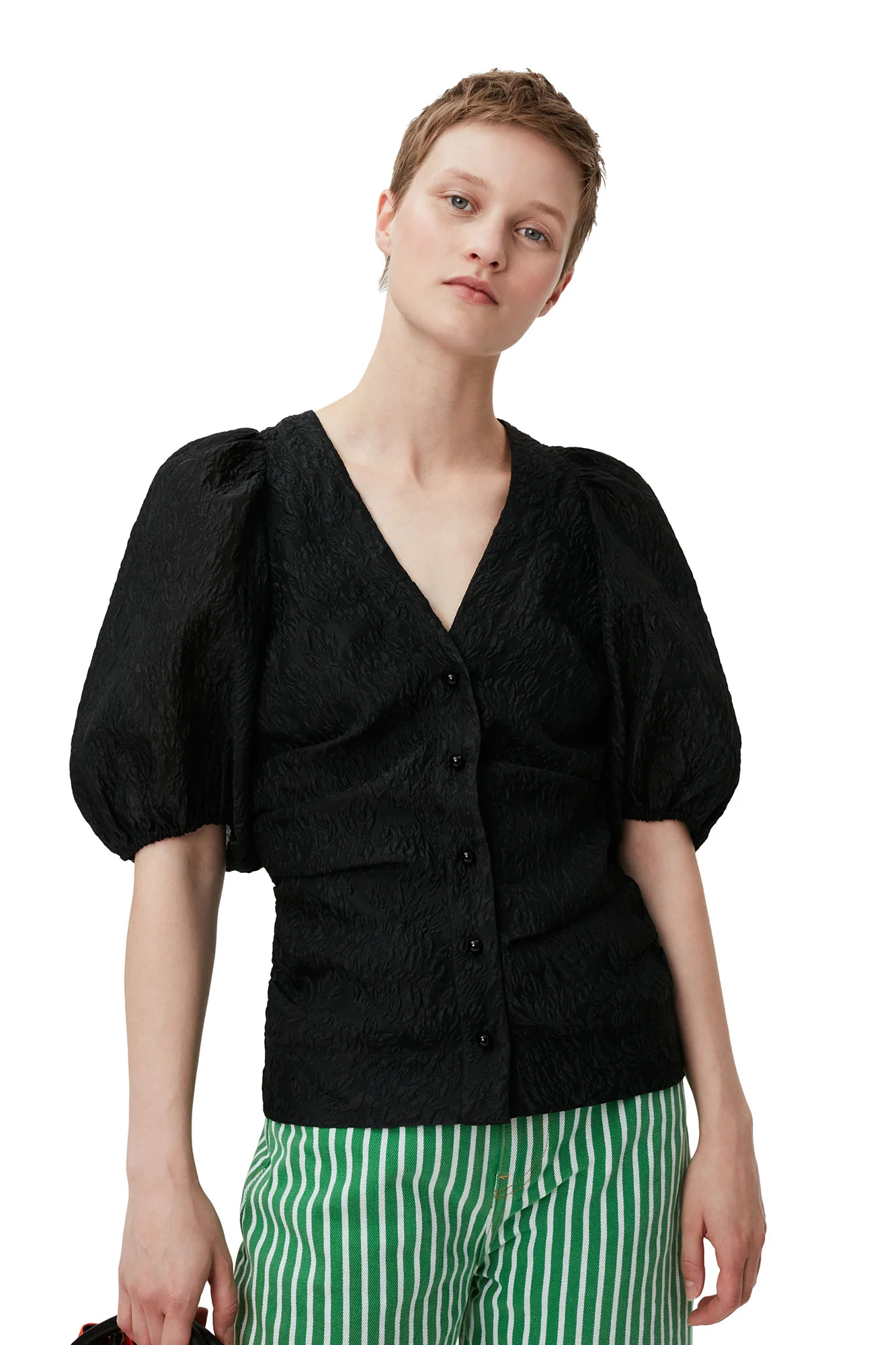 Jacquard V-Neck Blouse | Black - Image 7