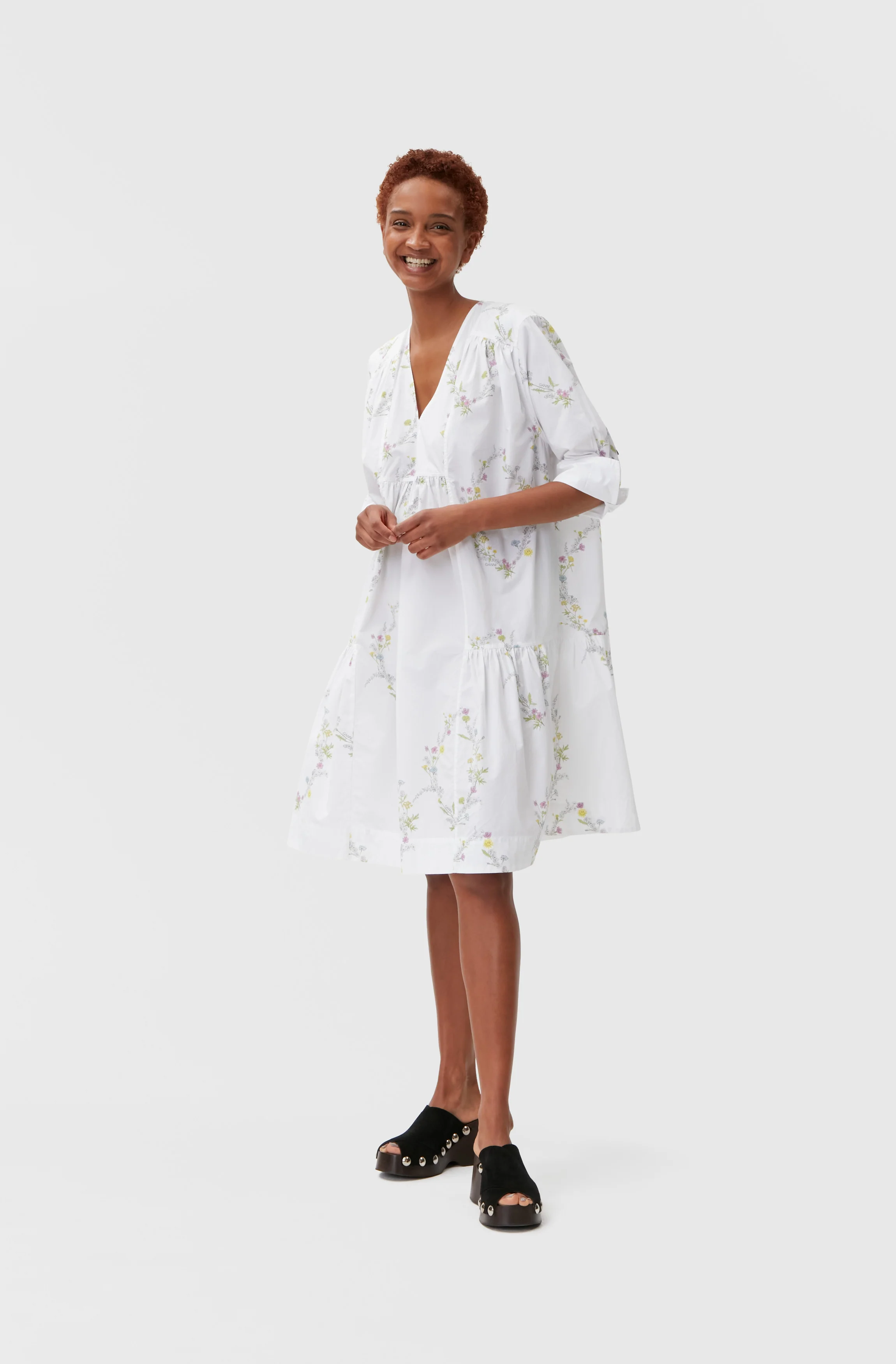 Knee-length Poplin Dress | Floral Shape Bright White - Image 3