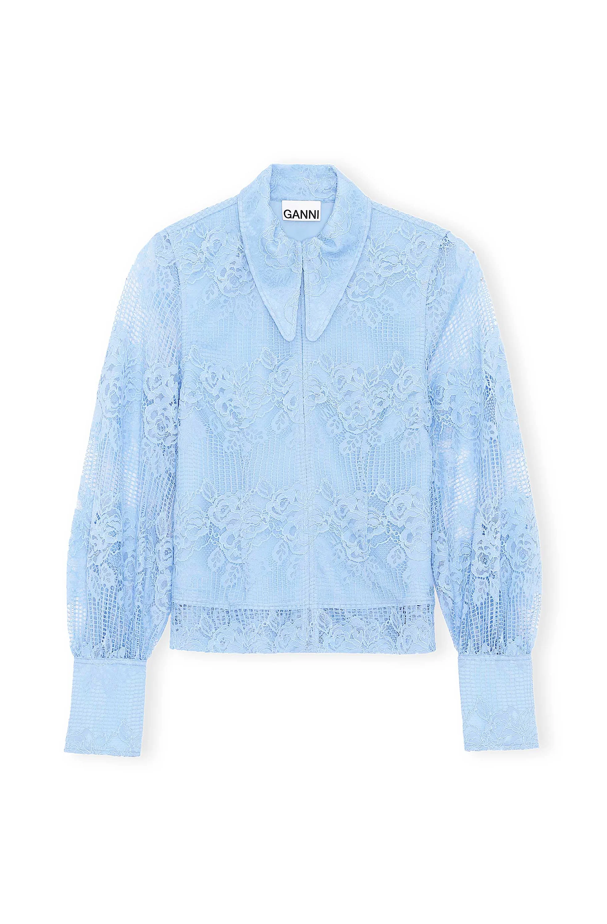 Lace Long Collar Front Zip Shirt | Placid Blue
