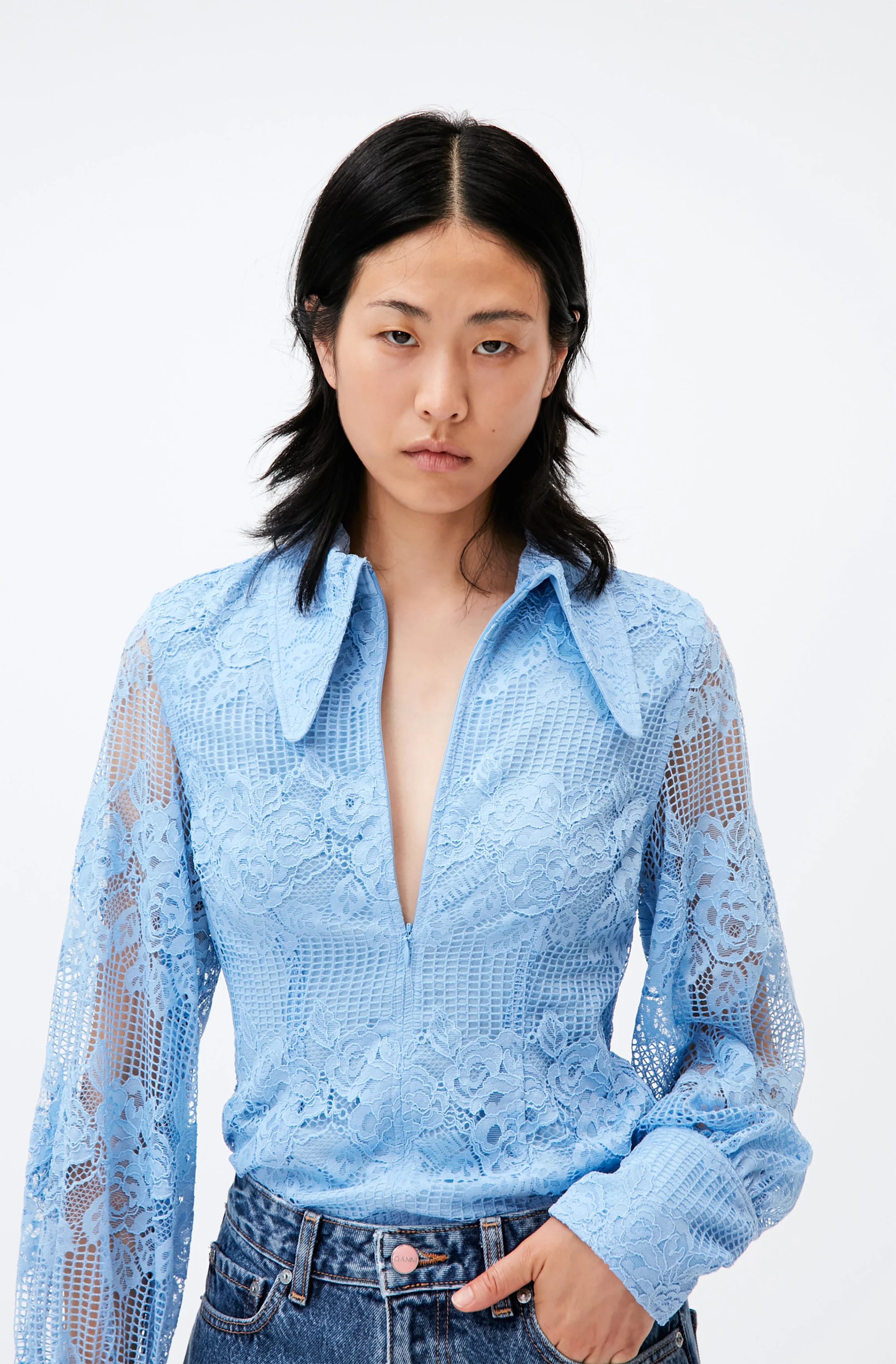 Lace Long Collar Front Zip Shirt | Placid Blue - Image 2