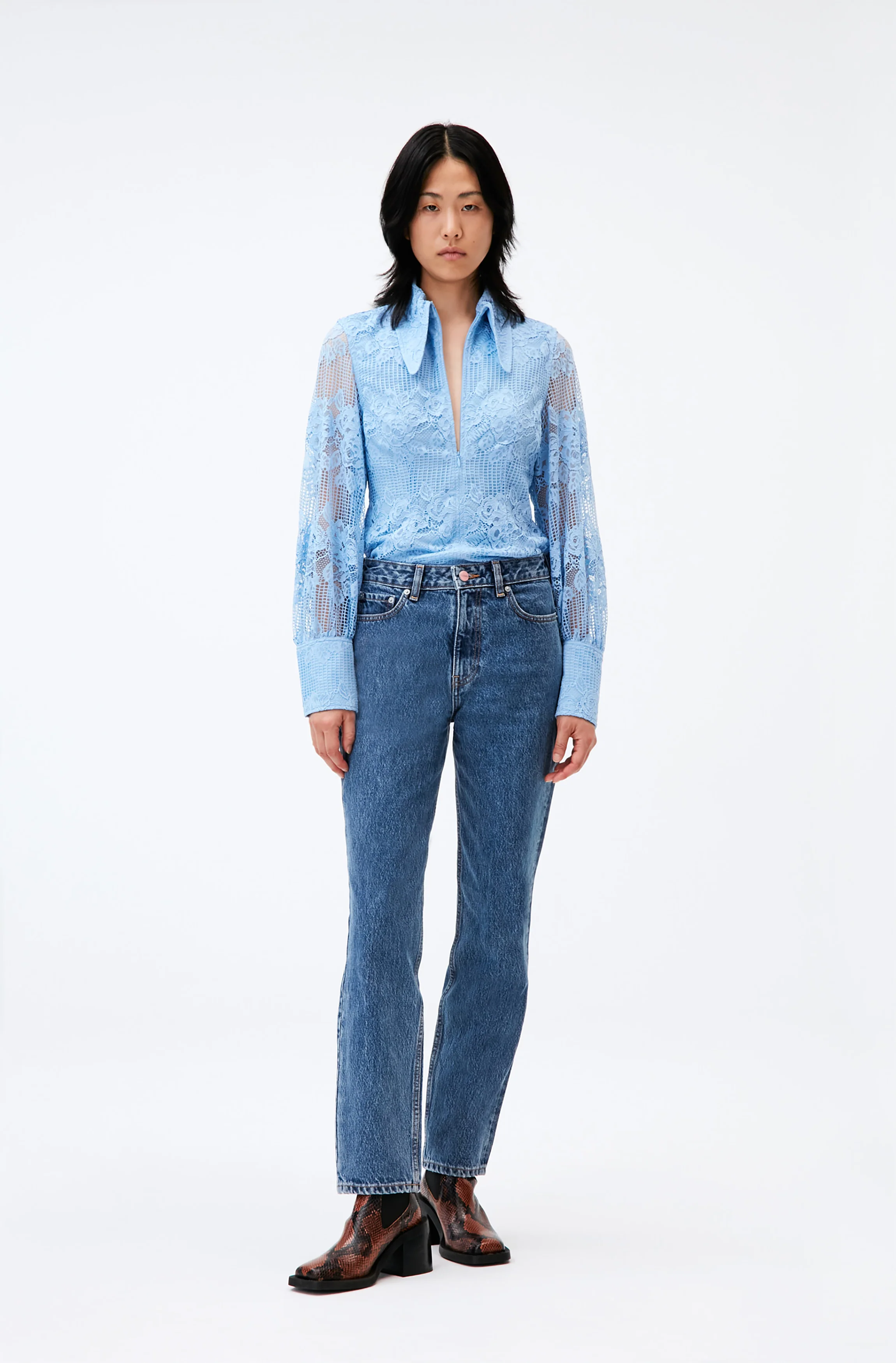 Lace Long Collar Front Zip Shirt | Placid Blue - Image 3