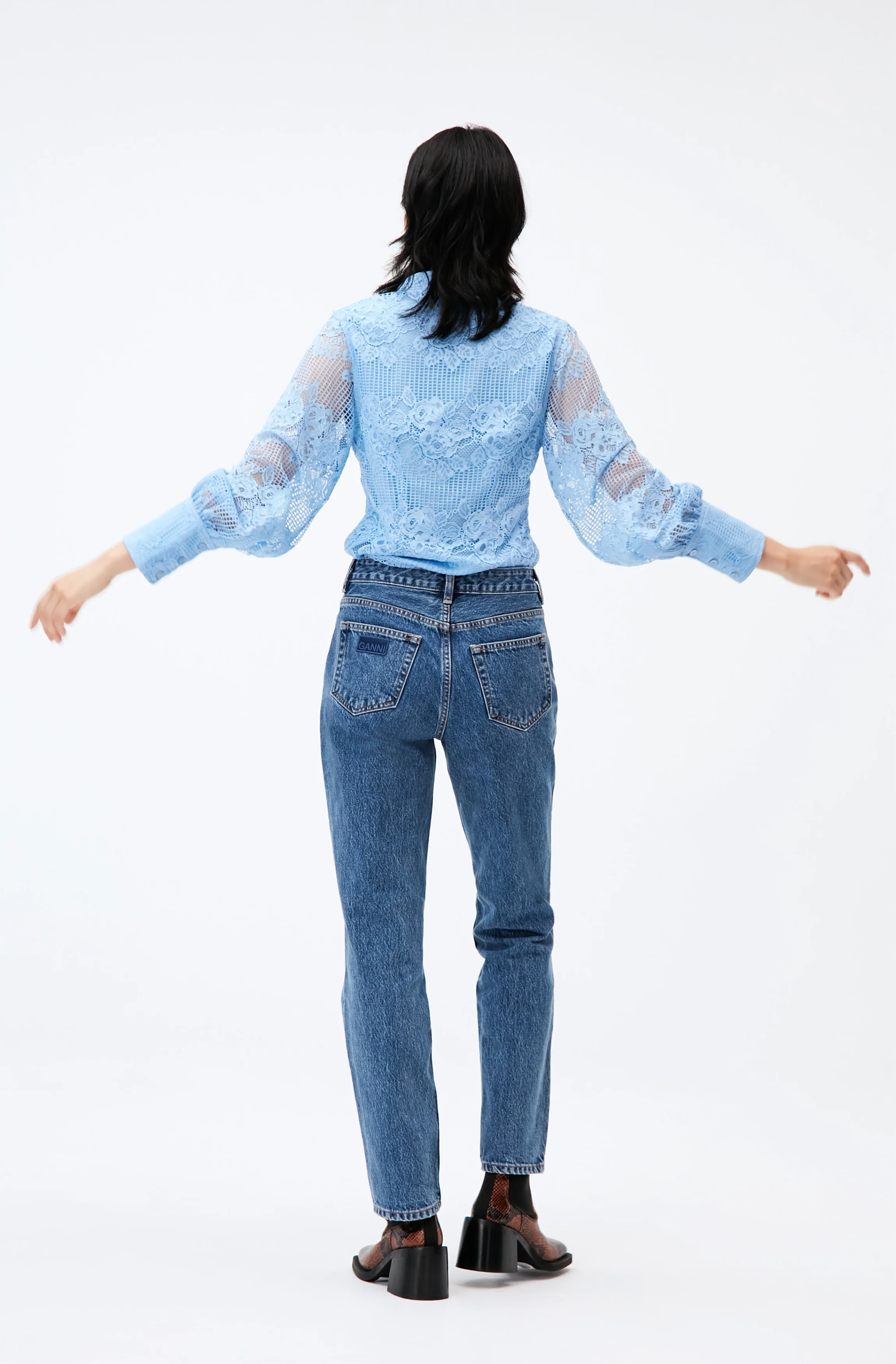 Lace Long Collar Front Zip Shirt | Placid Blue - Image 4