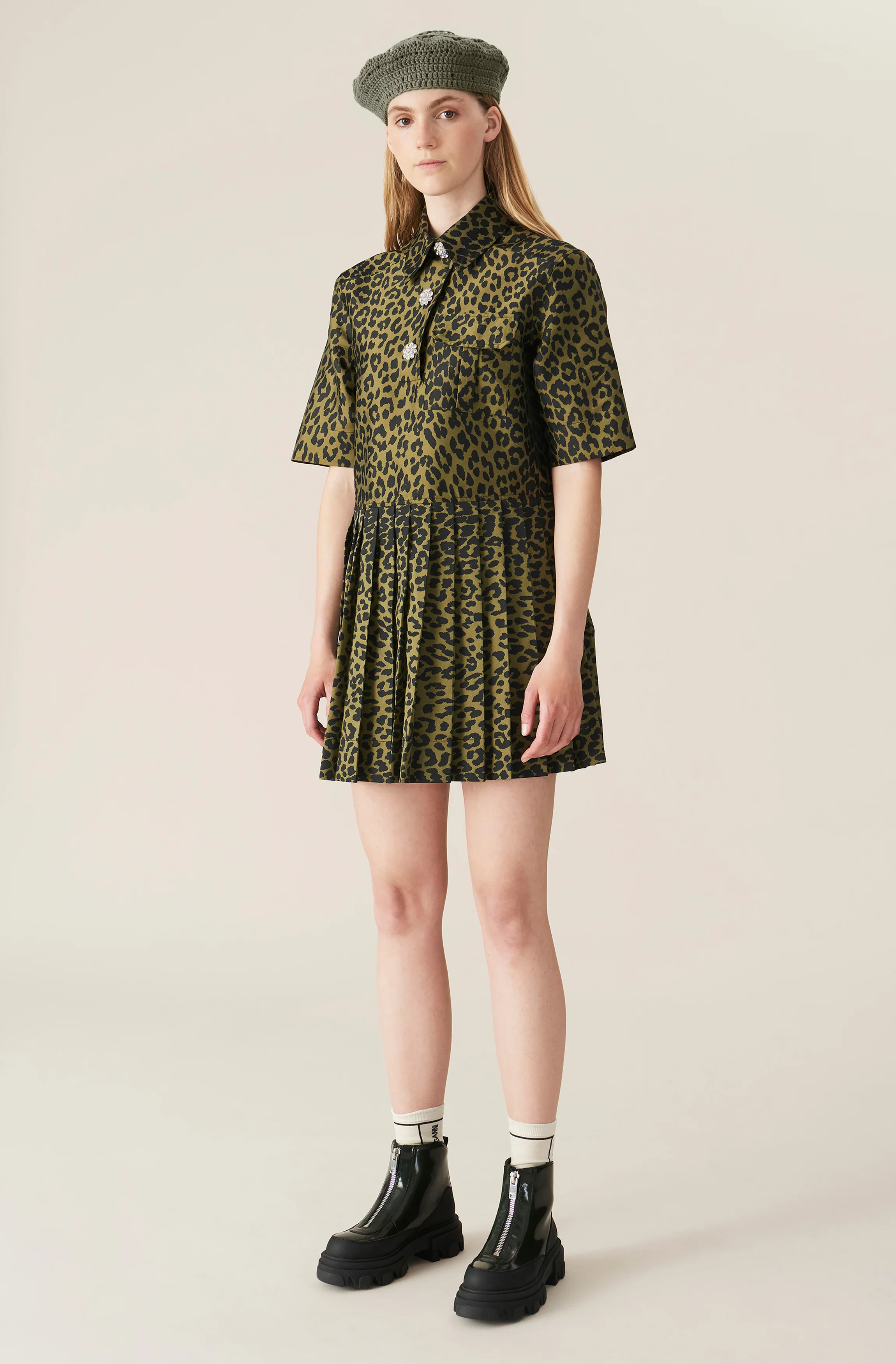Leopard Jacquard Mini Dress | Olive Drab - Image 2