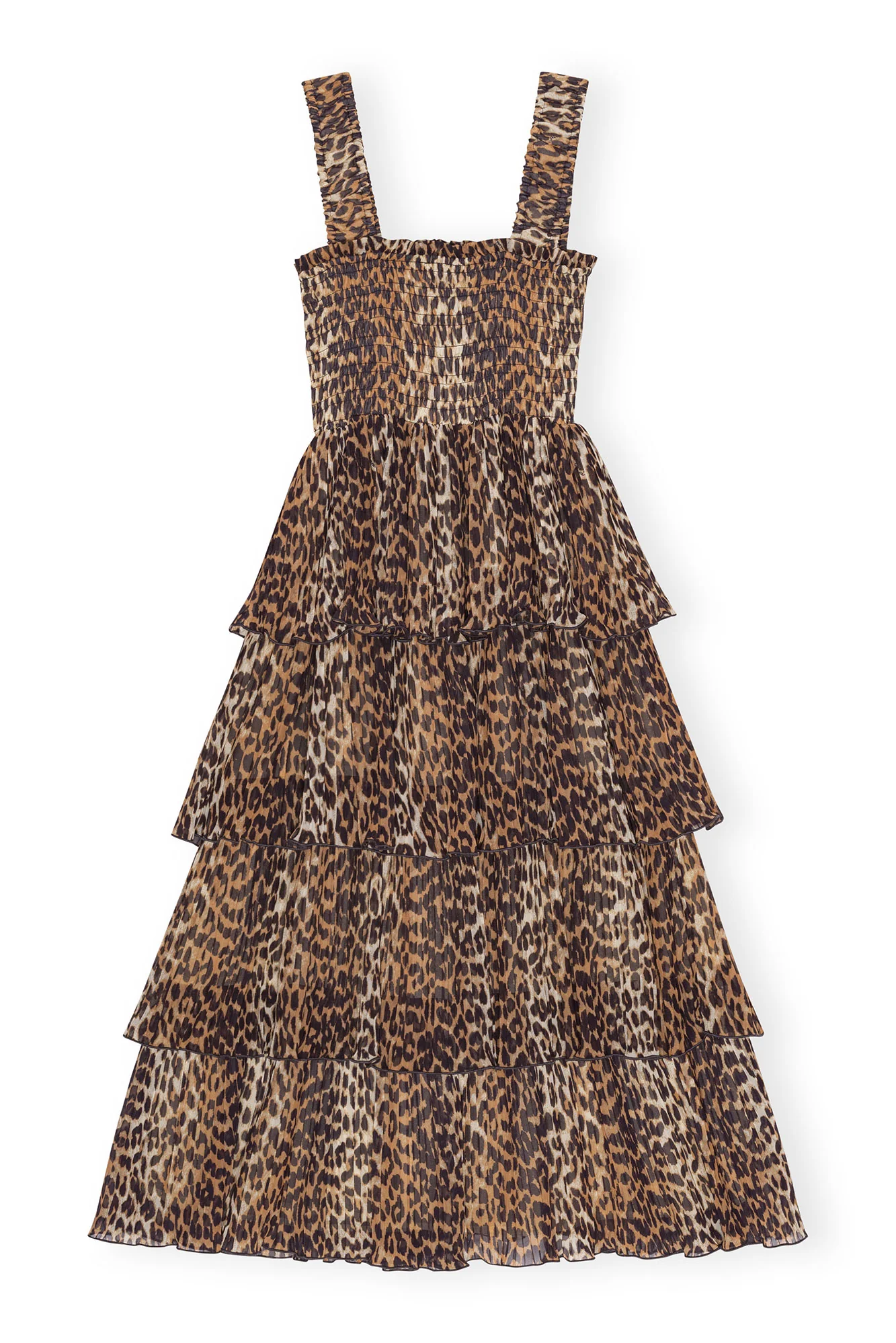 Leopard Pleated Georgette Flounce Smock Midi Dress | Almond Milk - Image 2