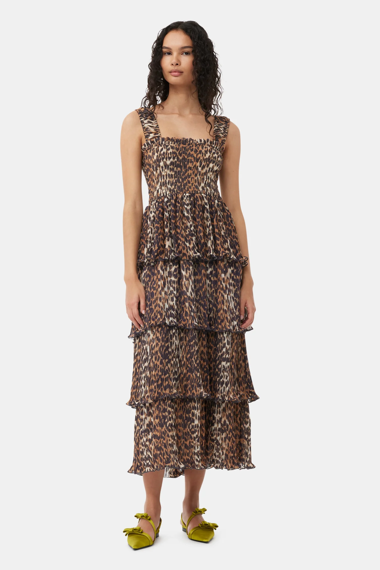 Leopard Pleated Georgette Flounce Smock Midi Dress | Almond Milk - Image 3