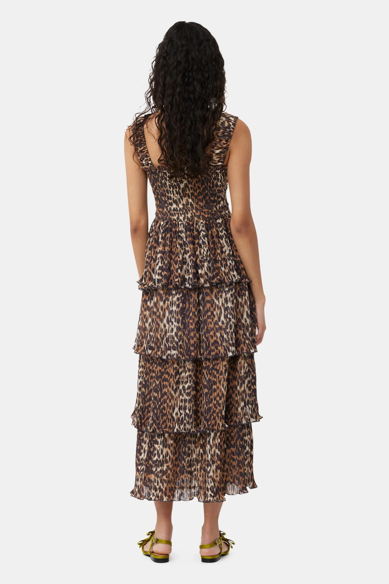 Leopard Pleated Georgette Flounce Smock Midi Dress | Almond Milk - Image 4