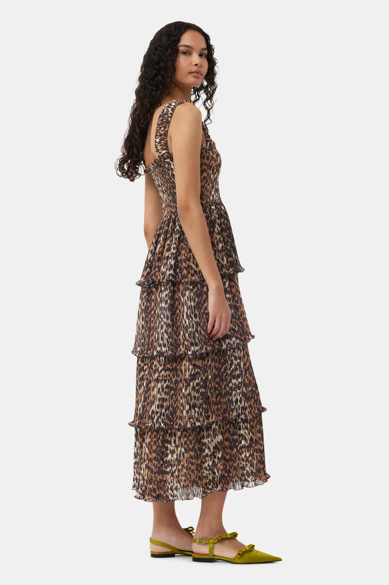 Leopard Pleated Georgette Flounce Smock Midi Dress | Almond Milk - Image 5